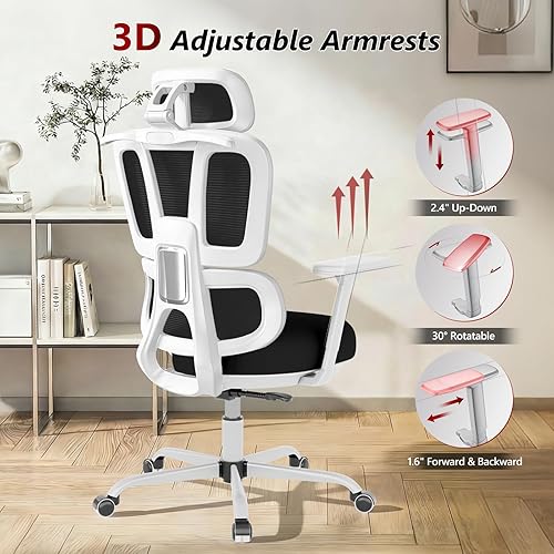 Miniatura 4 de Silla de oficina con respaldo alto, silla de escritorio de malla, silla ergonómica para computadora con reposacabezas, reposabrazos ajustables 3D y