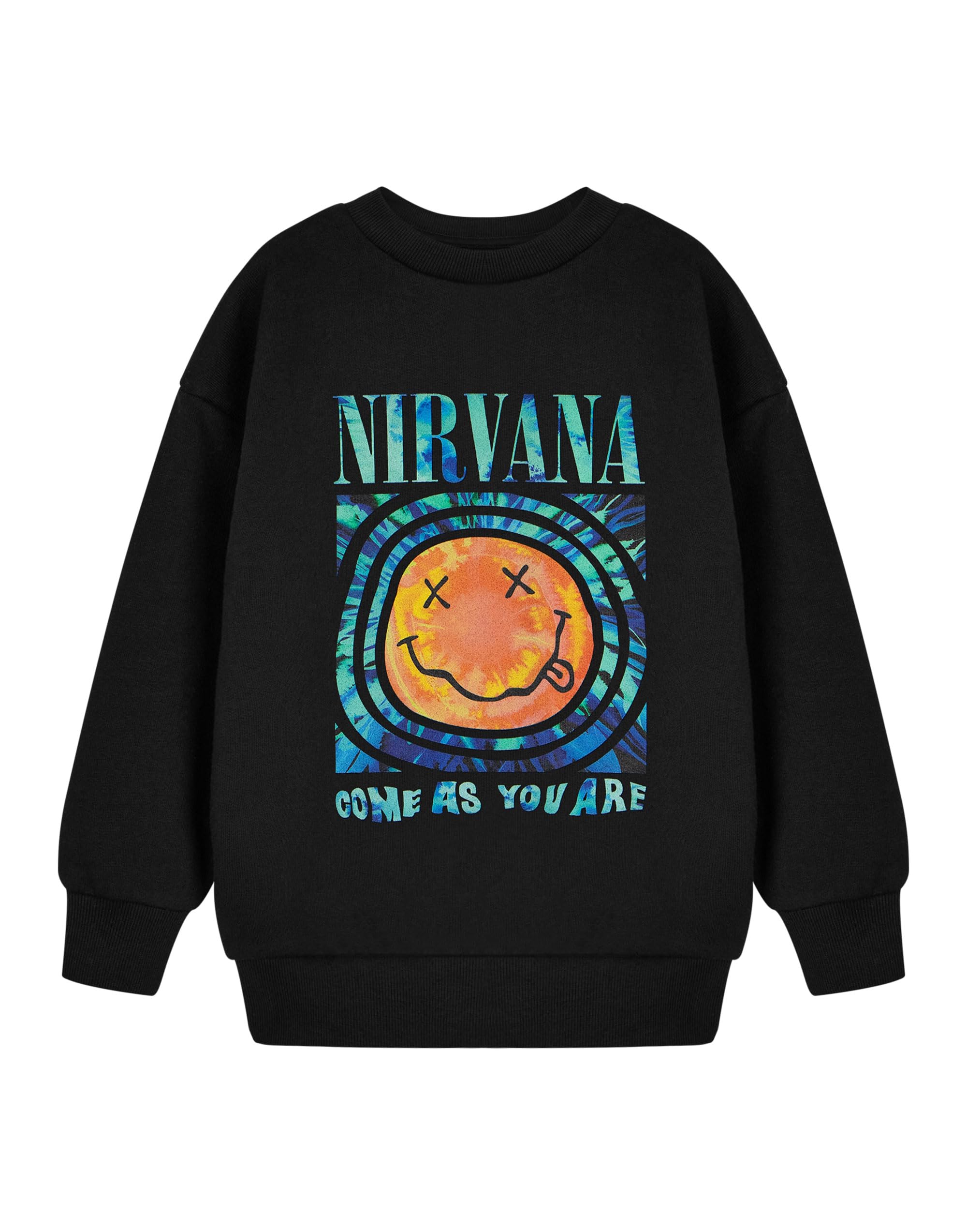 Nirvana Unisex Kids Black Kids Fleece Crew Neck | Classic Long Sleeve Band Logo Graphic Tee | Music Theme, Come As You Are | Casual Wear Band Merchandise Top For Children | Pull On Closure