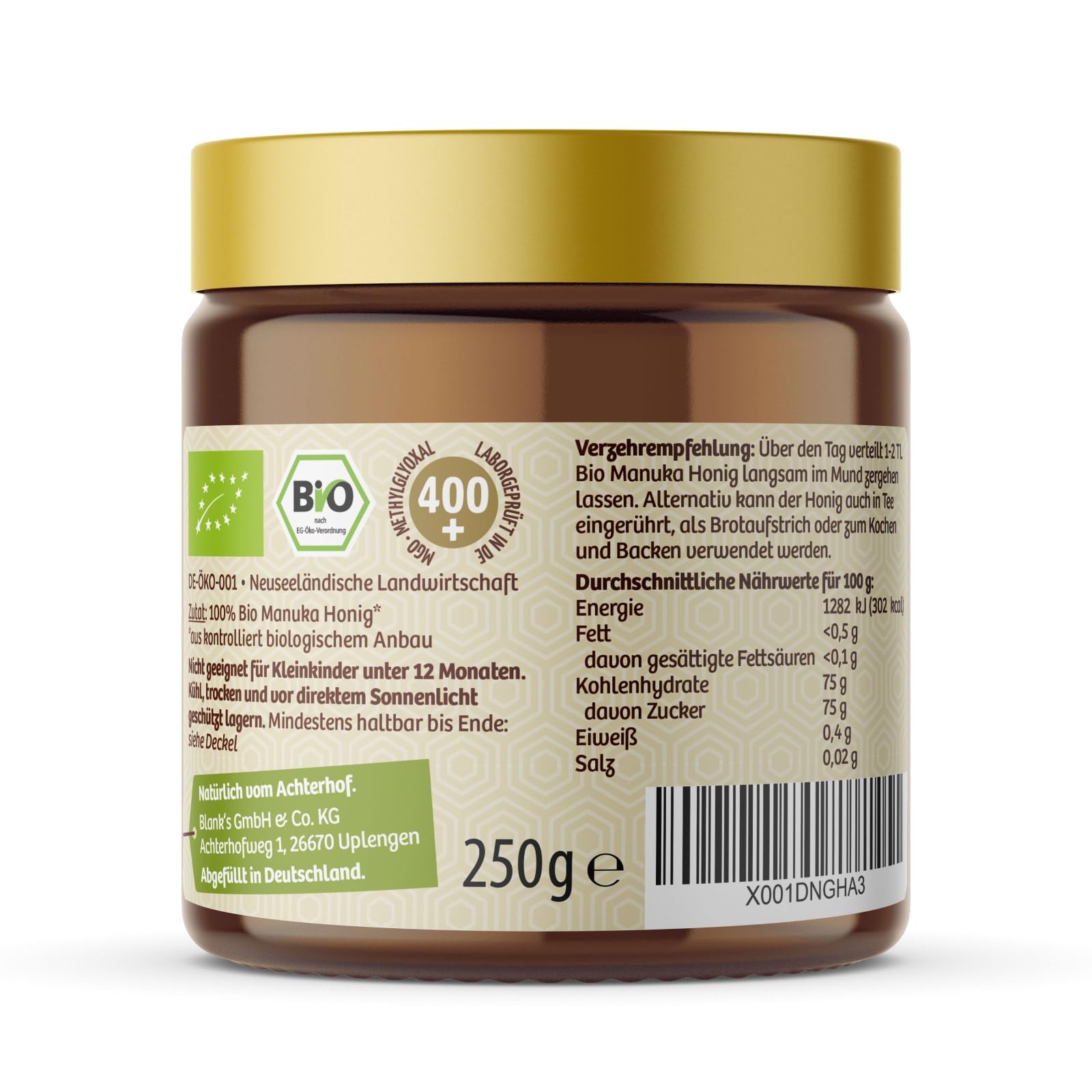 Bio Manuka Honig | 250g | 100% BIO | mit 400+ MGO | in Deutschland laborgeprüfter Methylglyoxal Wert | reines Naturprodukt aus Neuseeland | aus ethischer Imkerei | vom Achterhof