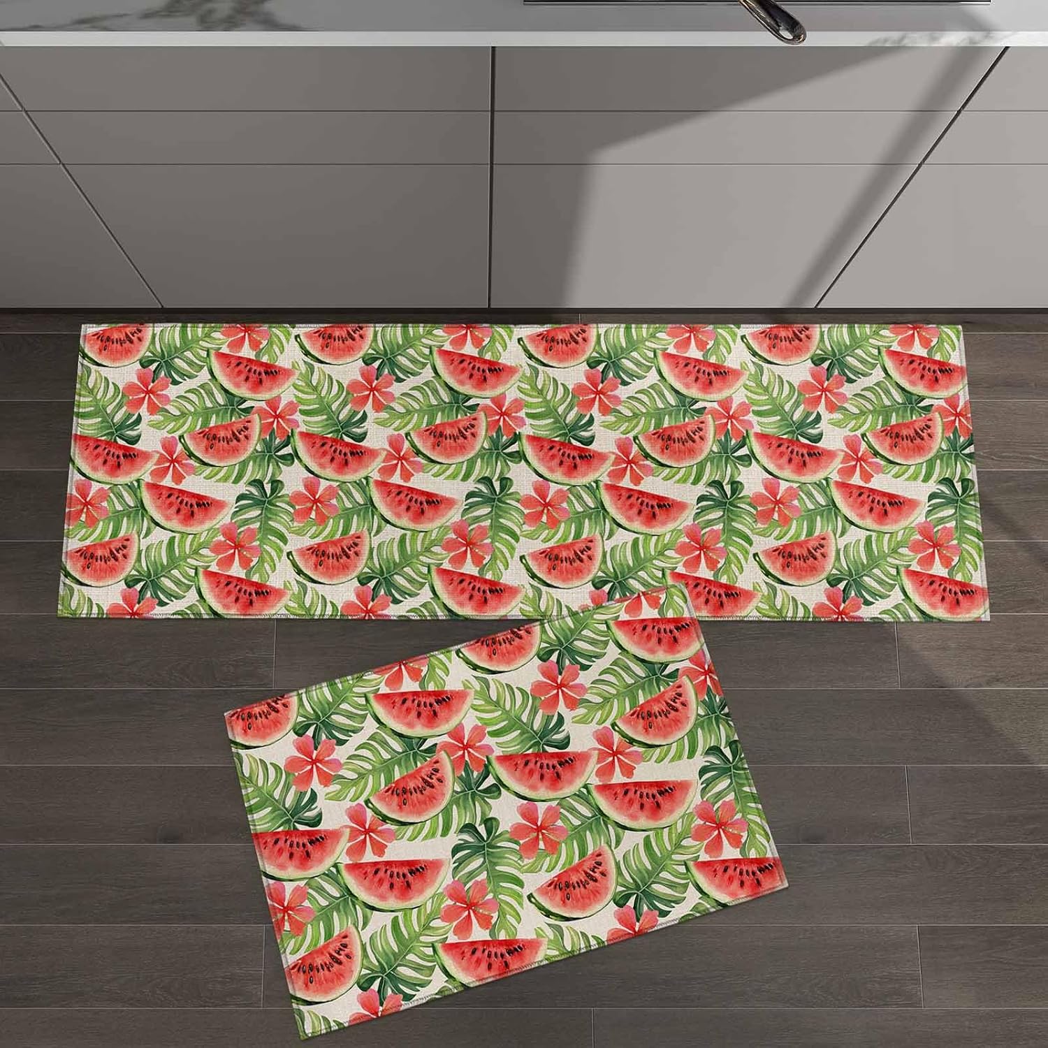 2 Pieces Kitchen Rugs and Mats,Watermelon Tropical Leaf Flower Area Runner Rug Set Non Slip Floor Doormat Washable Carpet Standing Mat for Kitchen Sink Indoor Corridor,Summer Fruit Plant on Linen