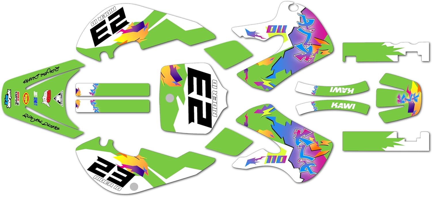 Graphics Kit for Kawasaki KLX 110 (2002-2009) Throwback Series Number ID 9 Mil-Dirt Bike Custom Racing Graphics Decals Stickers Kit, no-Plastics