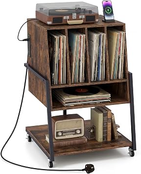 COSTWAY Record Player Stand with Charging Station, Rolling Turntable Stand End Side Table with Open Shelves and Wheels, Albums Vinyl Record Storage Cabinet Holder for Music Living Room Rustic Brown