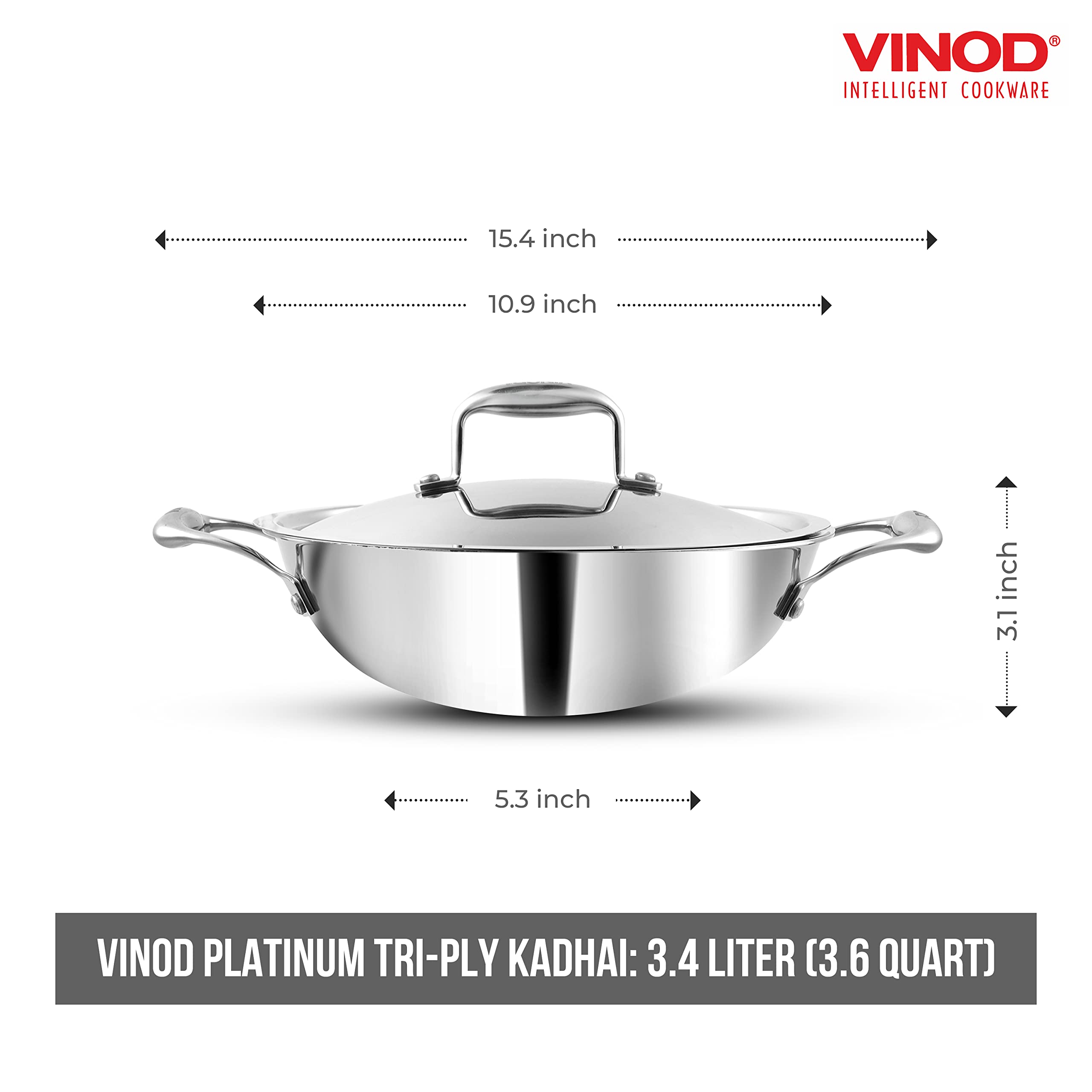 Vinod Platinum Triply Stainless Steel Kadai with Lid | Size: 28CM - 3.7L