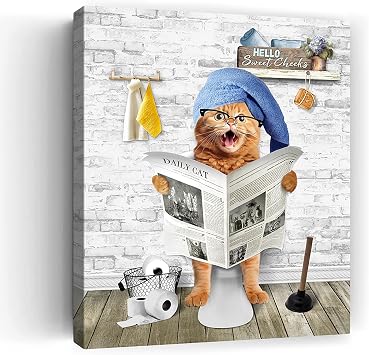 Funny Bathroom Decor Wall Art Cute Cat Sitting on the Toilet Reading Newspaper Pictures Wall Decor Humor Animals Bathroom Canvas Prints Framed Artwork for Bedroom 12"x16"