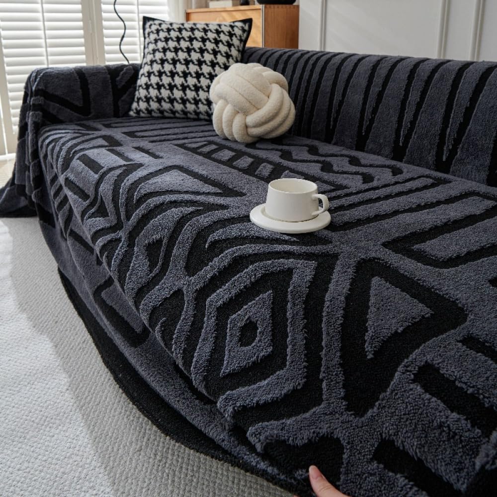 Funda de sofá de felpa de lujo lavable para 1/2/3/4 plazas, transpirable, a prueba de polvo, manta suave para perros y gatos, ajuste universal, gris oscuro, 180 x 340 cm