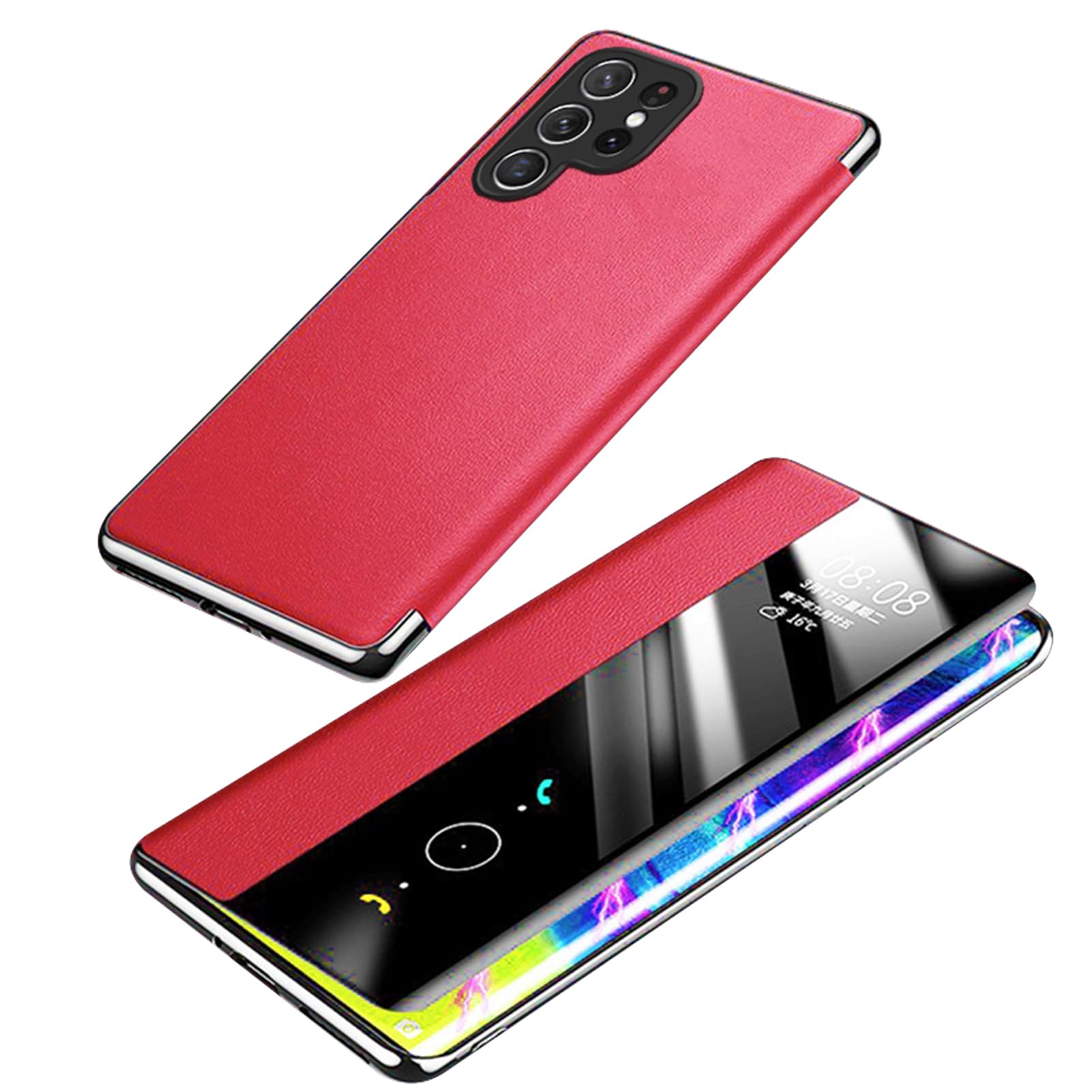 Etui z klapką do Samsung Galaxy S25 Ultra/S25 Plus/S25, wizualne okno skóra styl biznesowy etui folio osłona podszewka z włókna odpornego na zarysowania, czerwone, S25