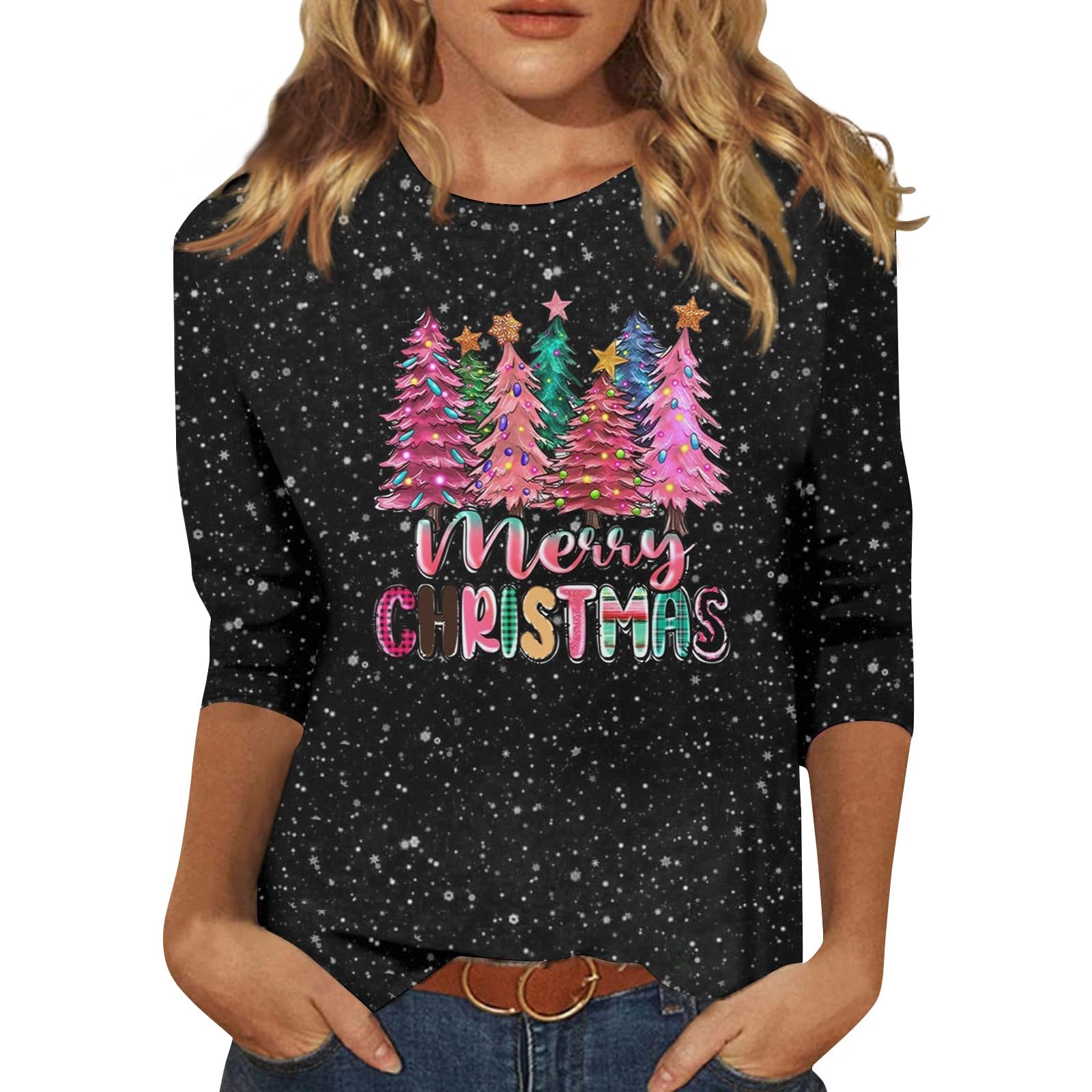 Christmas Shirts for Women Funny Snowflake Plus Size 3/4 Sleeve Tops Cute Crewneck Vacation Christmas Tree Shirt