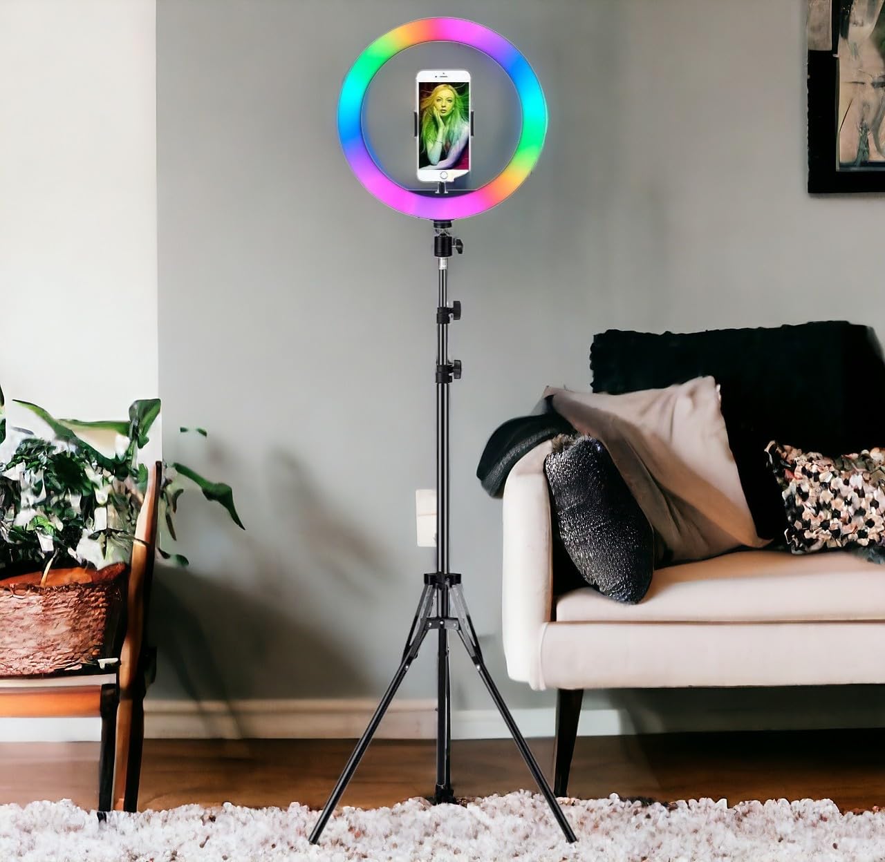 Aro de luz de 26cm de diámetro Led de 9 Colores con Soporte Ajustable Trípode más Anillo de luz RGB, Fotografía, Equipos de Estudio, Anillo de Iluminación, Vídeo (RGB + Tripode + Mini Tripode)