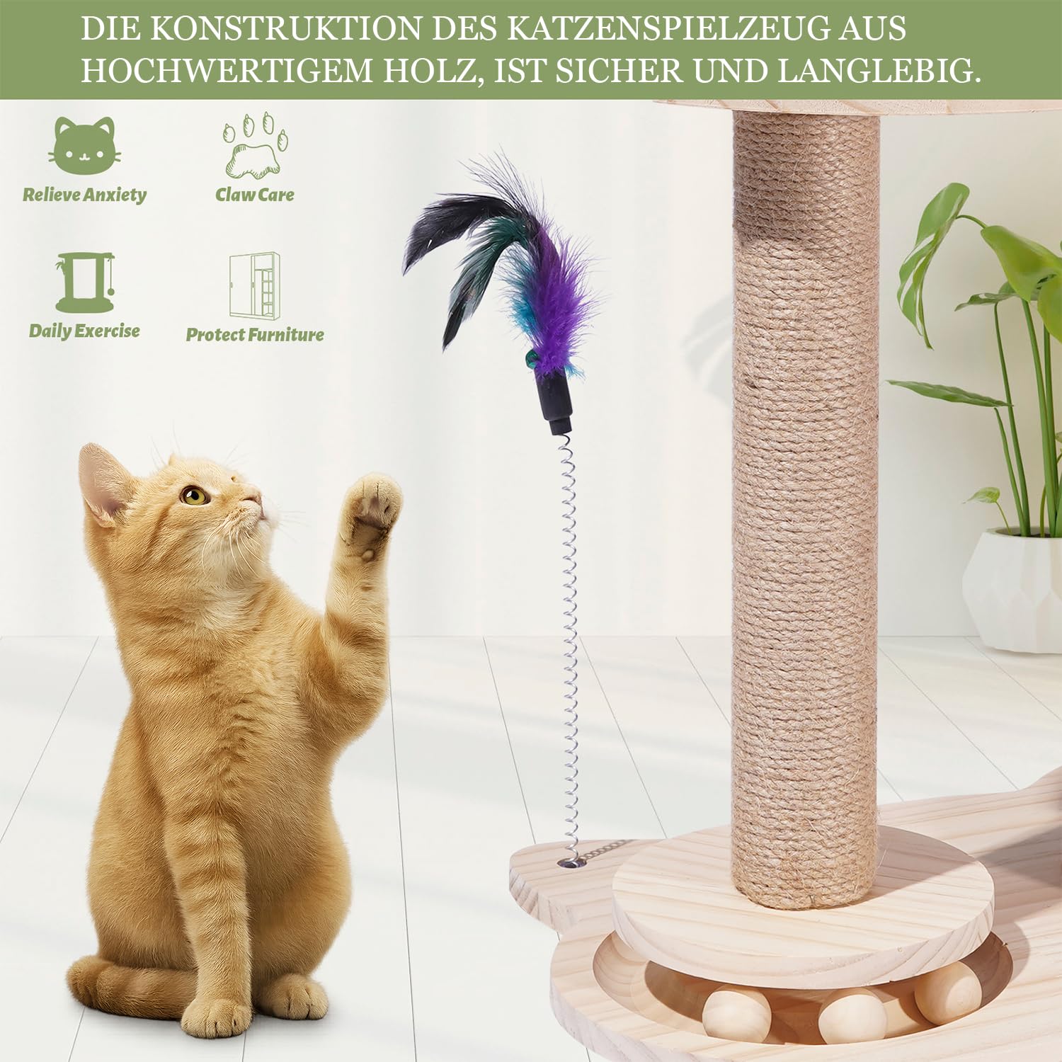 Kratzsäulen Katzen Interaktives Katzenspielzeug Aus Holz Spielzeug Katzenbaum mit Federn und Sitzstange für Kleine und Mittlere Erwachsene Katzen