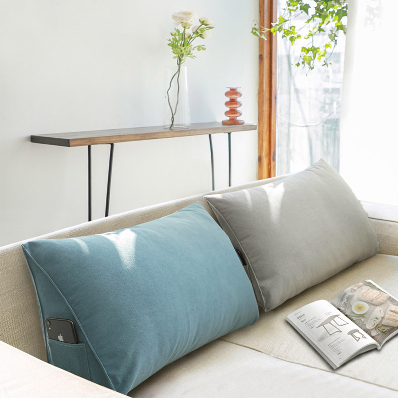 ZTGL Rückenkissen Dreieckiges Keilkissen Lendenkissen Stützkissen Sitzkissen für Bett Sofa Couch Gepolstert Kopfteil Lesekissen Kissen Nackenstützkissen Abnehmbarem Bezug,Beige,60x35x20cm
