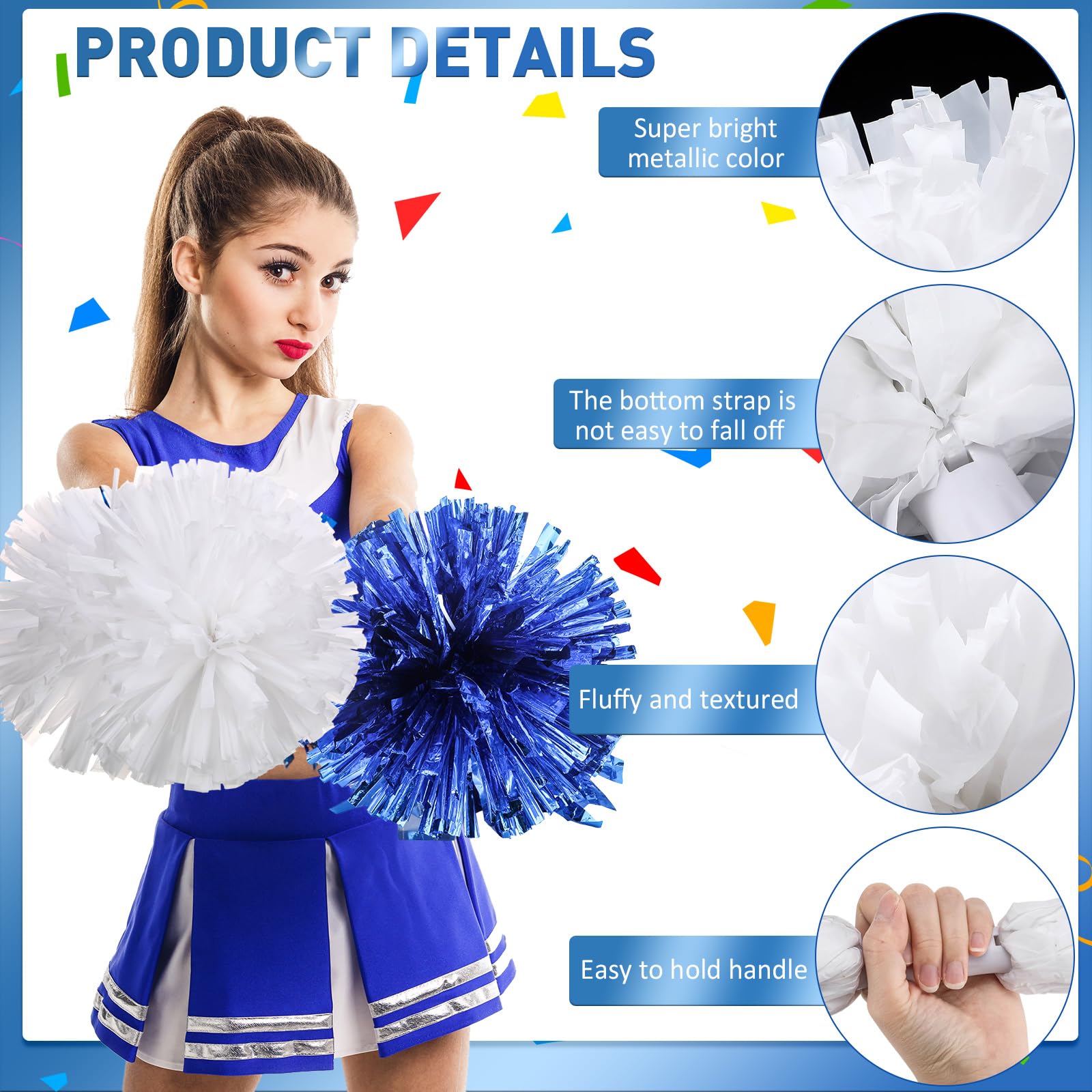 Yunsailing Lot de 50 pompons de pom-pom girl avec poignée en plastique métallique pour danse, matchs, sports d'esprit, performance sur scène, carnaval