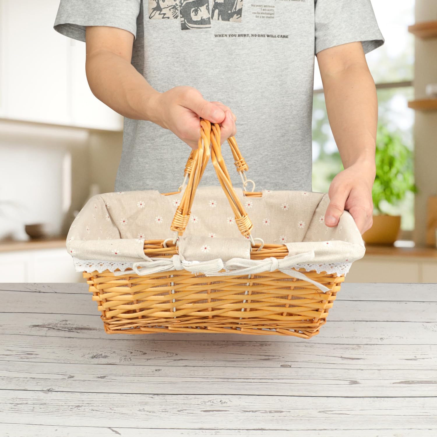 2 Pack 13.78 Inch Rectangle Willow Basket, Wicker Basket with Double Handle, Willow Woven Picnic Basket, Perfect for Easter, Picnic, Decor, Storage, and Wedding(Medium & Natural Color)