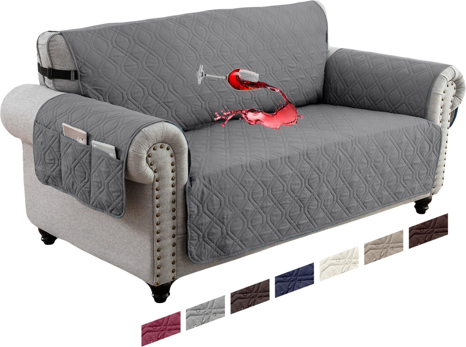LINGKY Waterproof Sofa Cover 2 Seater Non-Slip Sofa Slipcovers, Reversible Washable Sofa Protectors from Pets & Kids with Elastic Straps Quilted Couch Covers (Gray,2 Seater)