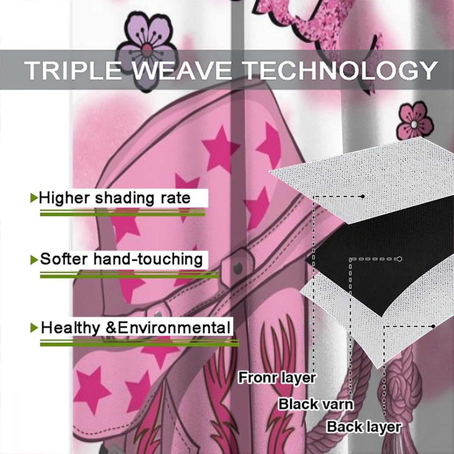 Pink Cowgirl Curtains Wild Western Rustic Farm Cow Fur Print Floral Hats Boots Rod Pocket Blackout Window Treatments for Kids Boys Girls Teens Bedroom Decor W21xL63in 2 Panels