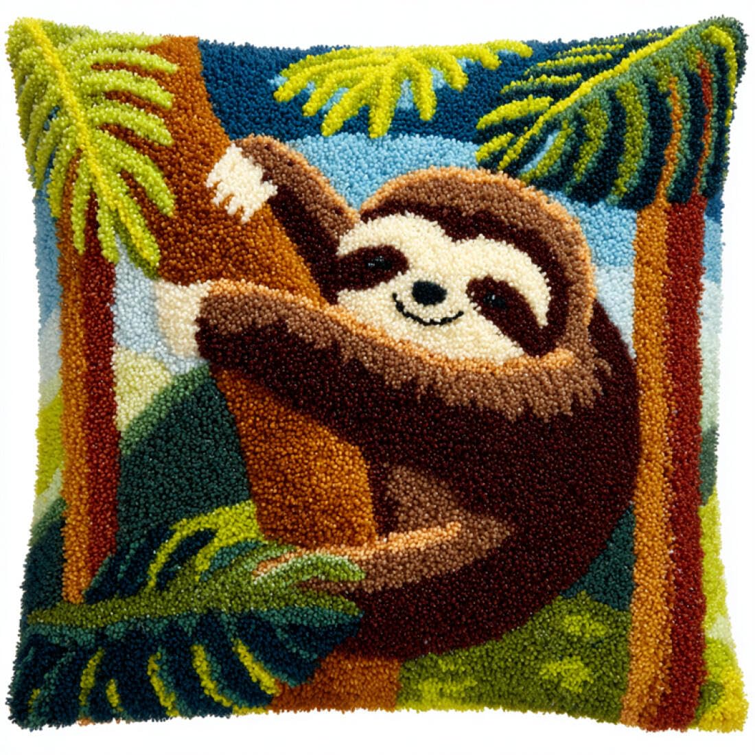 Kitquiver I Animal Diy Craft Latch Hook Rug Kits The Sloth N The Tree Cushion Pillow Front Chunky Cross Stitch Kits Diy Embroidery Needlepoint Kit For Home Décor 17X17in