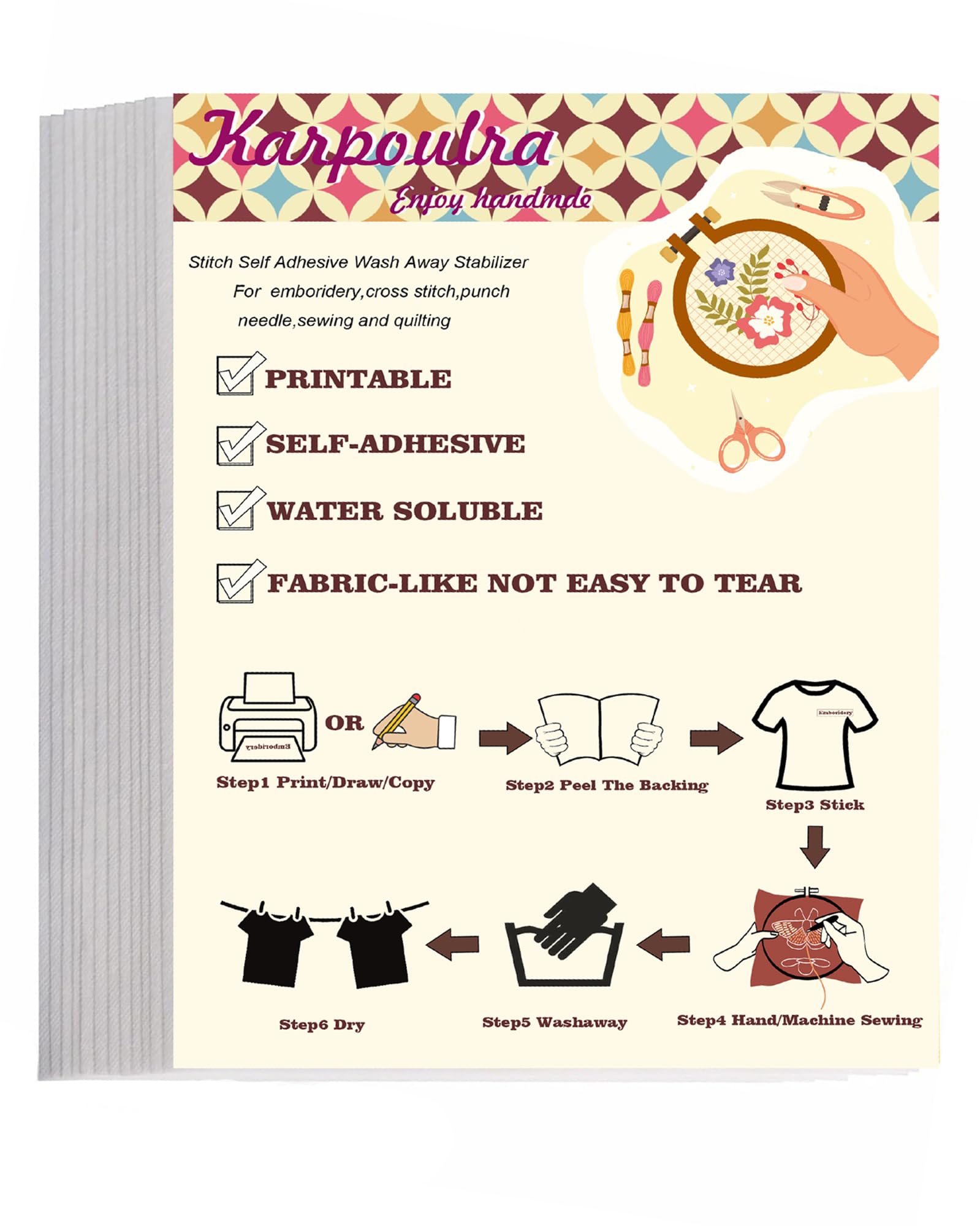 Karpoulra 12 Sheets 8.5"x11" Sticky Water Soluble Embroidery Stabilizer, Dissolvable Printable Self Adhesive Wash Away Stabilizer for Print or Draw Patterns Hand Machine Embroidery