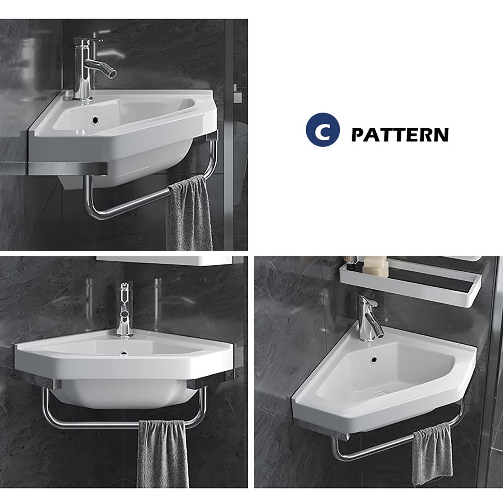 Lavabo in Ceramica ad Angolo Bianco, Lavabo a Parete Bagno con Rubinetto Combinato e Appendiabiti a Torre, Bianca con Troppopieno