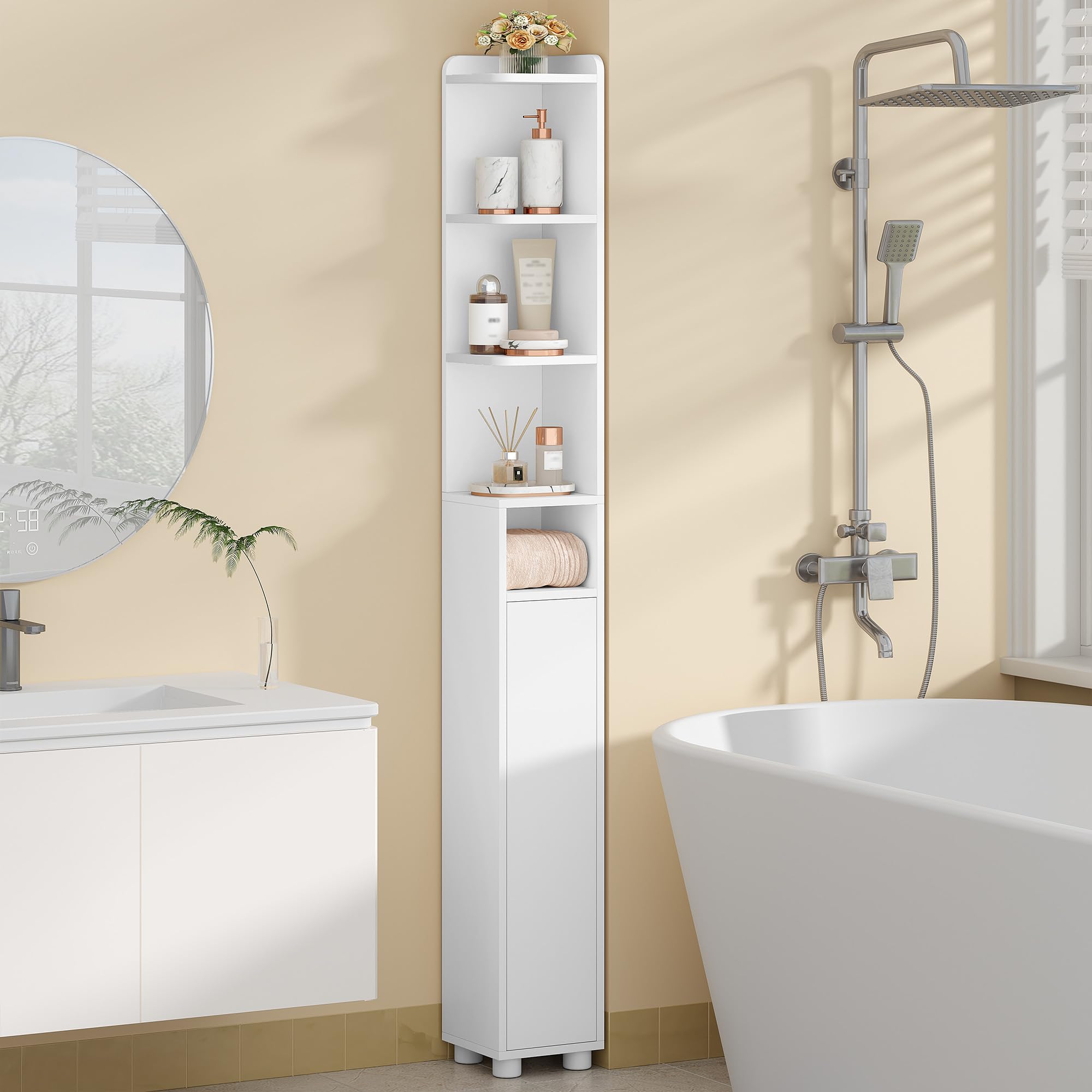 Mueble Auxiliar de Baño Estrecho, 20 x 20 x 177 cm, Blanco | Armario Auxiliar de Baño, Estantes Ajustables en Altura, FFBC012PW1