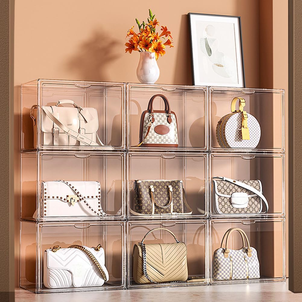 Lot de 4 Boite rangement empilables en acrylique, Boite acrylique pour sac à main, Vitrine acrylique transparente, Vitrine pour Rangement sac à main, livres, jouets, chaussures.