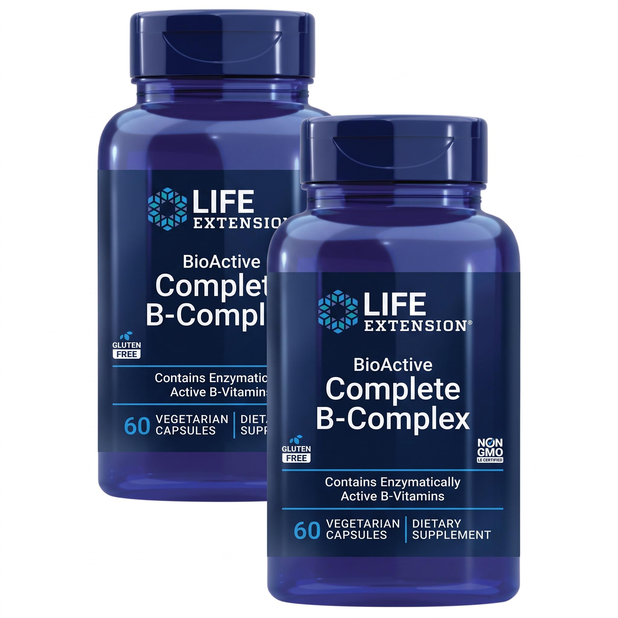 Life Extension BioActive Complete B-Complex, Heart, Brain and Nerve Support, Healthy Energy, Metabolism, Complete B Complex, 60 Vegetarian Capsules, (Pack of 2)