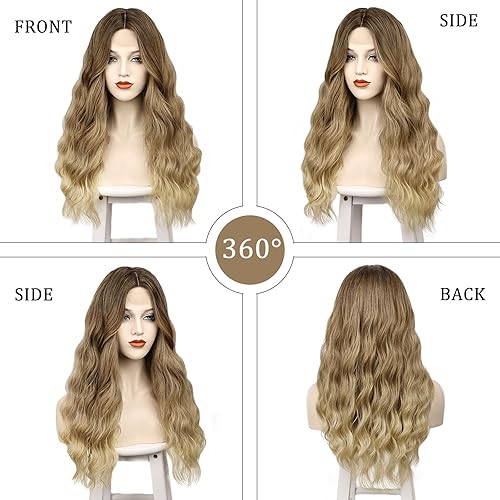 Miniatura 2 de Peluca ondulada de color rubio degradado de 26 pulgadas, peluca ondulada larga rubia ombré para mujer, peluca de fibra sintética resistente al calor