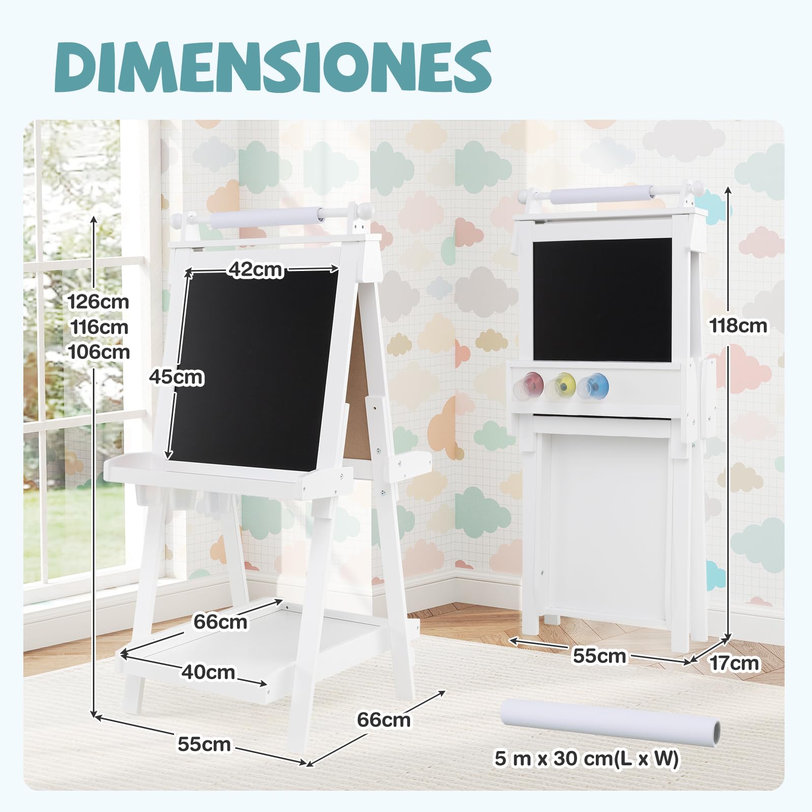 COSTWAY Caballete Plegable para Niños 3 en 1, Pizarra Infantil de Doble Cara, Pizarra Blanca y Magnética, 3 Alturas Ajustables, Rollo de Papel Reemplazable, 3 Vasos, Bandejas (Blanco)