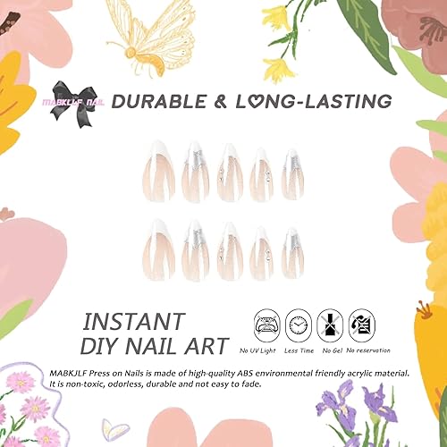 Miniatura 2 de Uñas postizas a presión medianas con punta francesa de almendra MABKJLF color nude, cobertura completa, estrellas plateadas, uñas postizas con