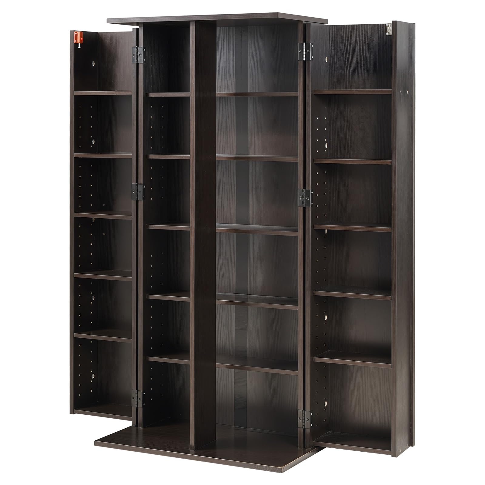 VEVOR Bibliothèque Étagère, Meuble de Rangement Multimédia à 6 Niveaux, Armoire Biblio pour CD, DVD, Livres, Jeux, avec Portes et Étagères Réglables pour Bureau, Studio, Salon, 610x368x1270 mm, Marron