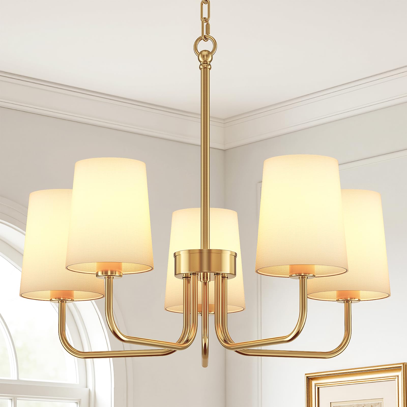 Photo 1 of BLNAN Chandeliers for Dining Room, 5-Light Gold Chandelier Light Fixture, E26 Base-Dining Room Light Fixtures Over Table with White Shade, Farmhouse Chandelier for Bedroom Living Room Foyer Entryway