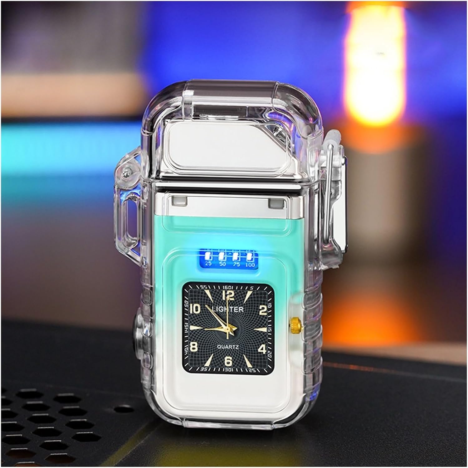 Waterproof Lighter Double Arc Electric Lighter with Clear Clock, Rechargeable USB Lighter Outdoor Windproof Transparent Portable Lighter (Color : Cyan Gradient)