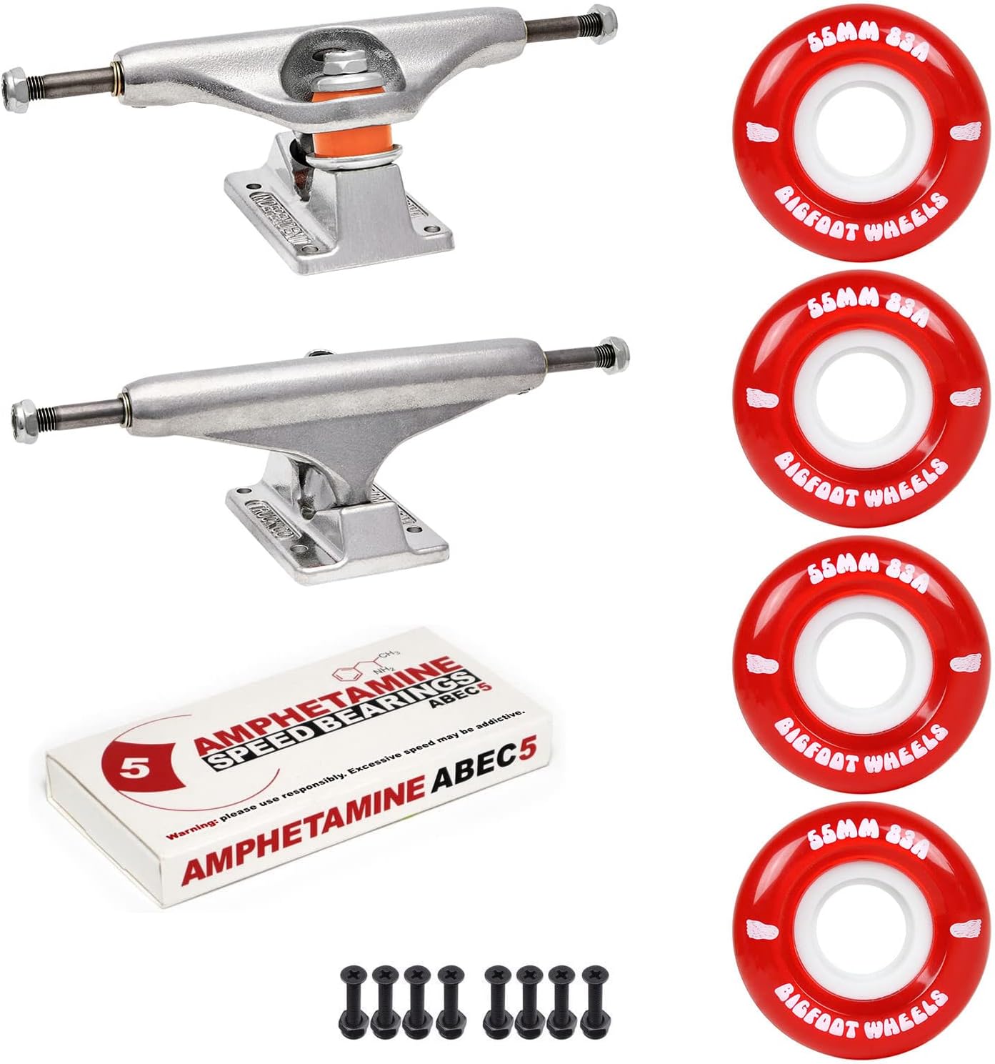 Independent Skateboard Trucks Package Kit with Bigfoot 55mm Soft 83A Wheels, Amp 5 Bearings, 1" Phillips Mounting Hardware, and 1/8" Risers