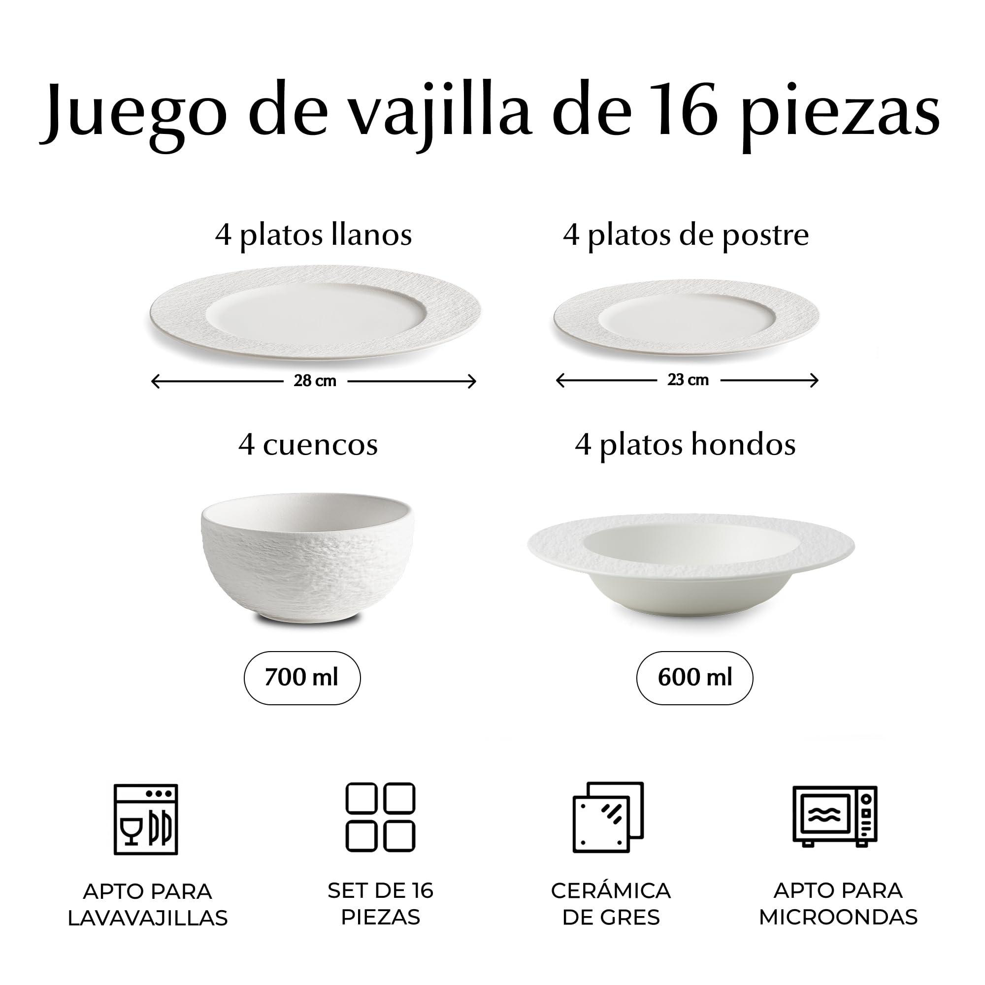 MIAMIO – Juego de vajilla de 16 piezas/Vajilla moderna de cerámica/Vajilla/Juego para 4 personas - Colección Oasis (Blanco, 16x)
