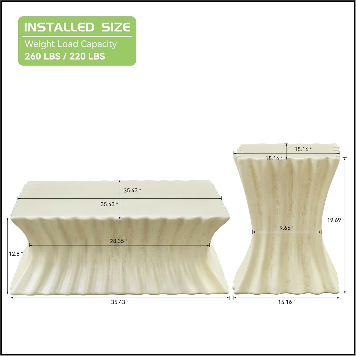 JUSTONE Coffee Table Set of 2, 35.43 & 15.16 Inch Square End Tables, Vintage Sturdy Fiberglass Top for Living Room, Apartment, Office, No Assembly Required, Beige