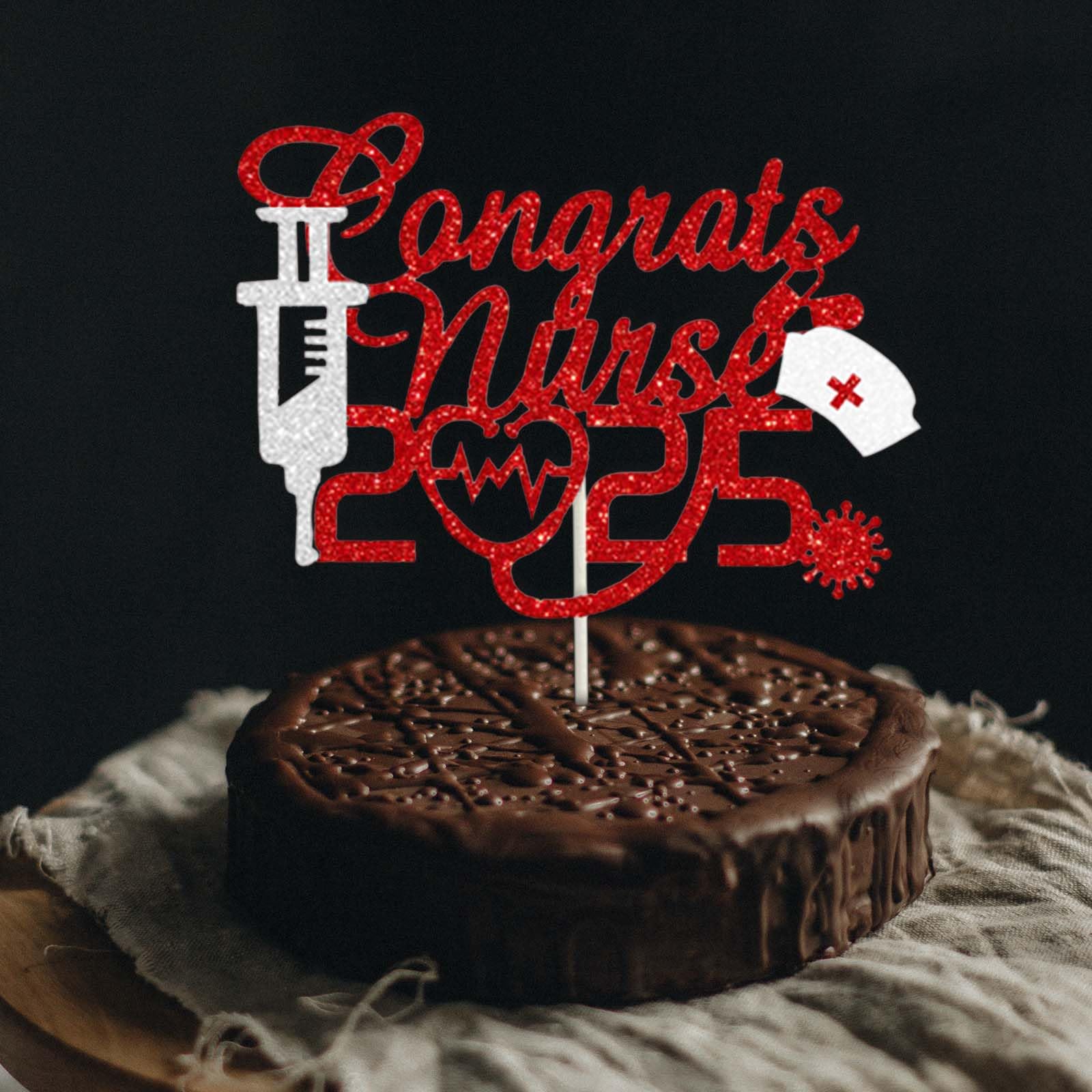 RN 2025 Cake Topper - Nurse Graduation Decor, Red Black Glitter, For 6-10 Inch Cakes - View #8