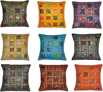 16" Multi-Color Boho Chic Cushion Covers 5 Pcs Indian Handmade Sofa Pillow Throw Covers Vibrant Bohemian Accent for Couch, No Inserts