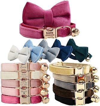 Personalised Cat Collar with Bell and Name Tag   Custom Velvet Pet Collar with Bow and Engraved ID   Adjustable Breakaway Safety Collar for Cats, Stylish Kitten Gift, Optional Matching Lead