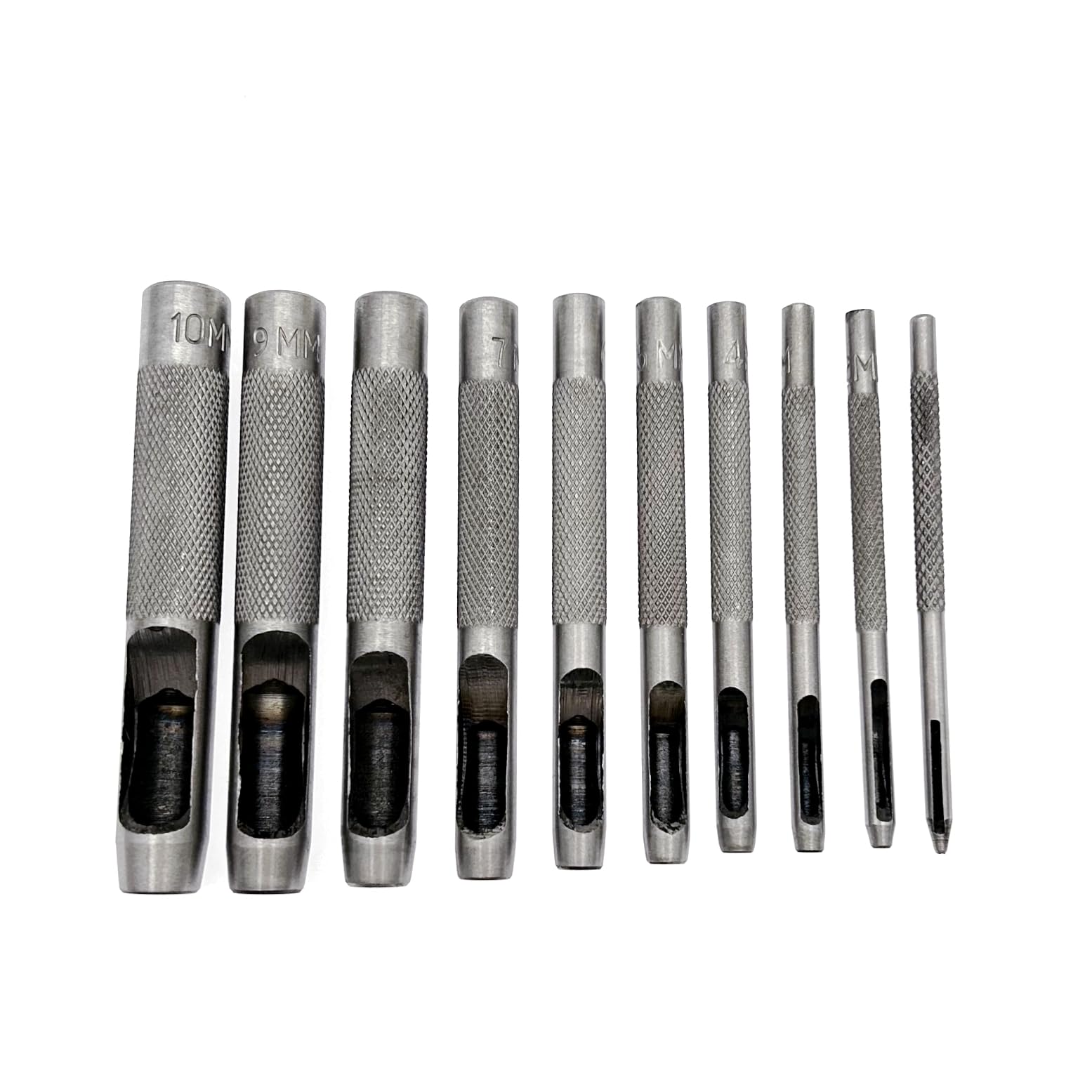 JZK 10 X Juego de Punzones Huecos de Acero Redondos, Cortador de Perforaciones de Cuero para Junta de Correa de Reloj Tela de Zapatos Lona Papel Ropa Ojal (1 mm a 10 mm)