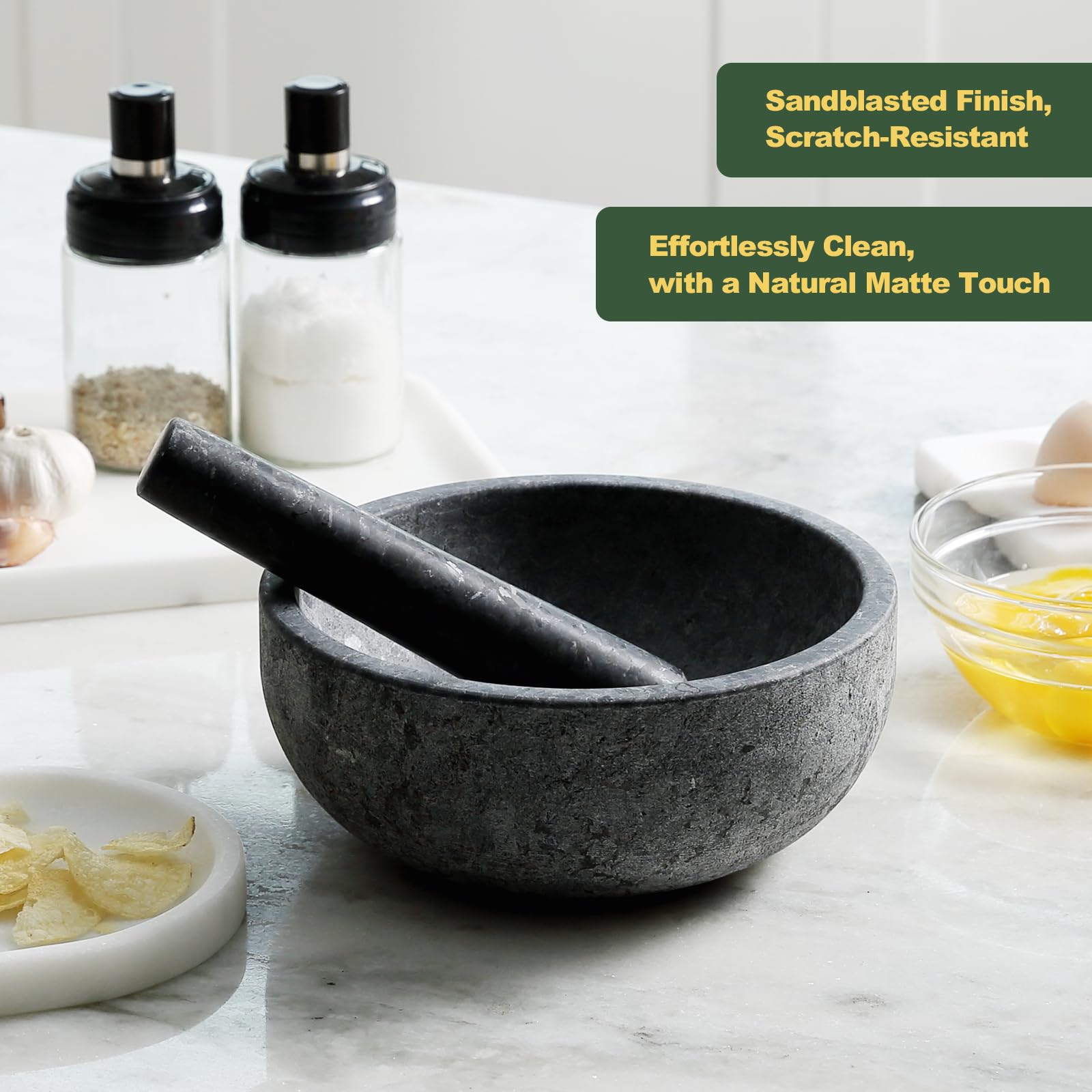 Koville Juego de mortero y pilón de granito natural, cuenco grande de 8 pulgadas para guacamole, salsa, trituradora de píldoras, especias, hierbas, ajo, nueces, molinillo resistente para cocina con