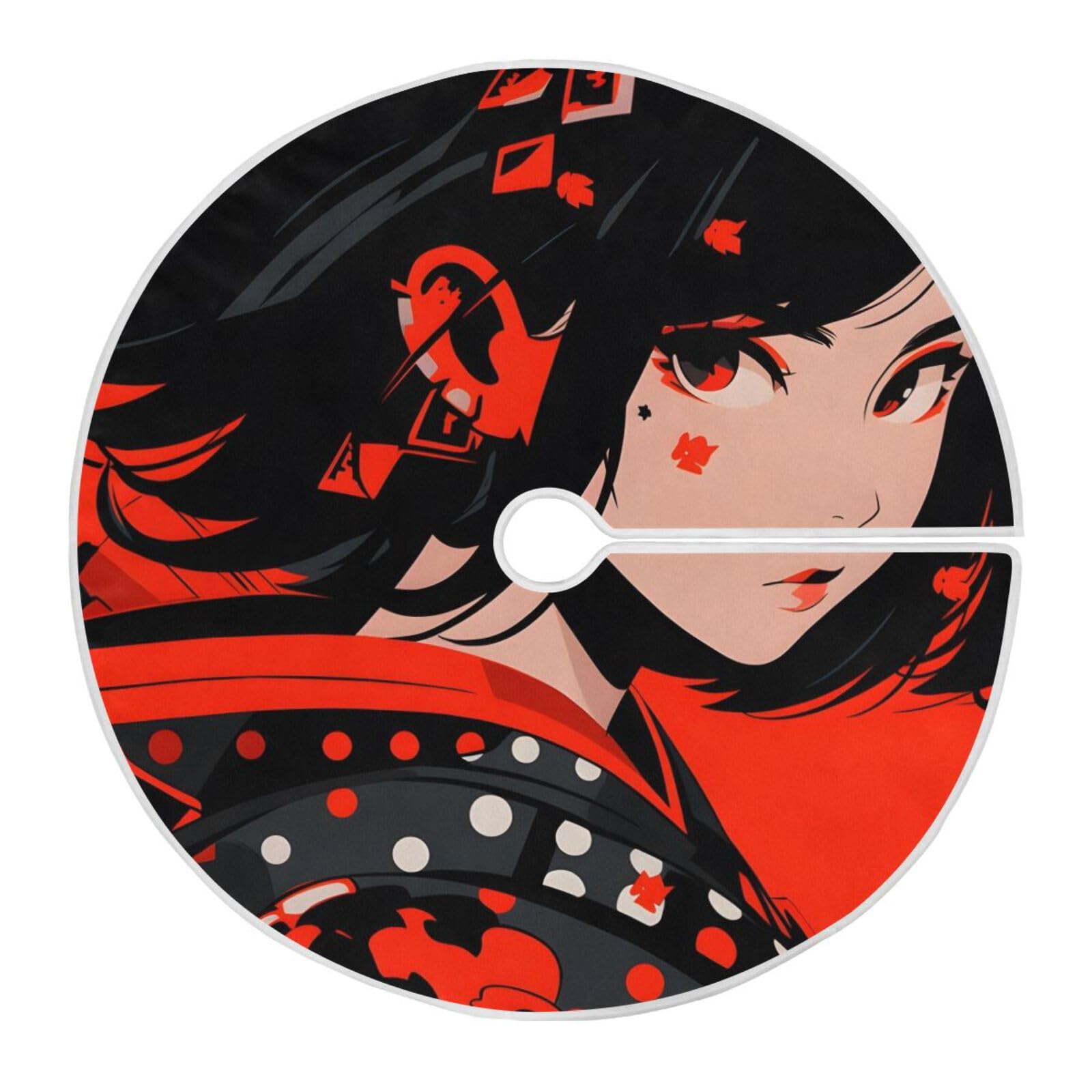 YMGQYJ Christmas Tree Skirt Anime Samurai Print 35.4 inches, Large Xmas Tree Skirt mat for Holiday Party Decoration, New Year Christmas Tree