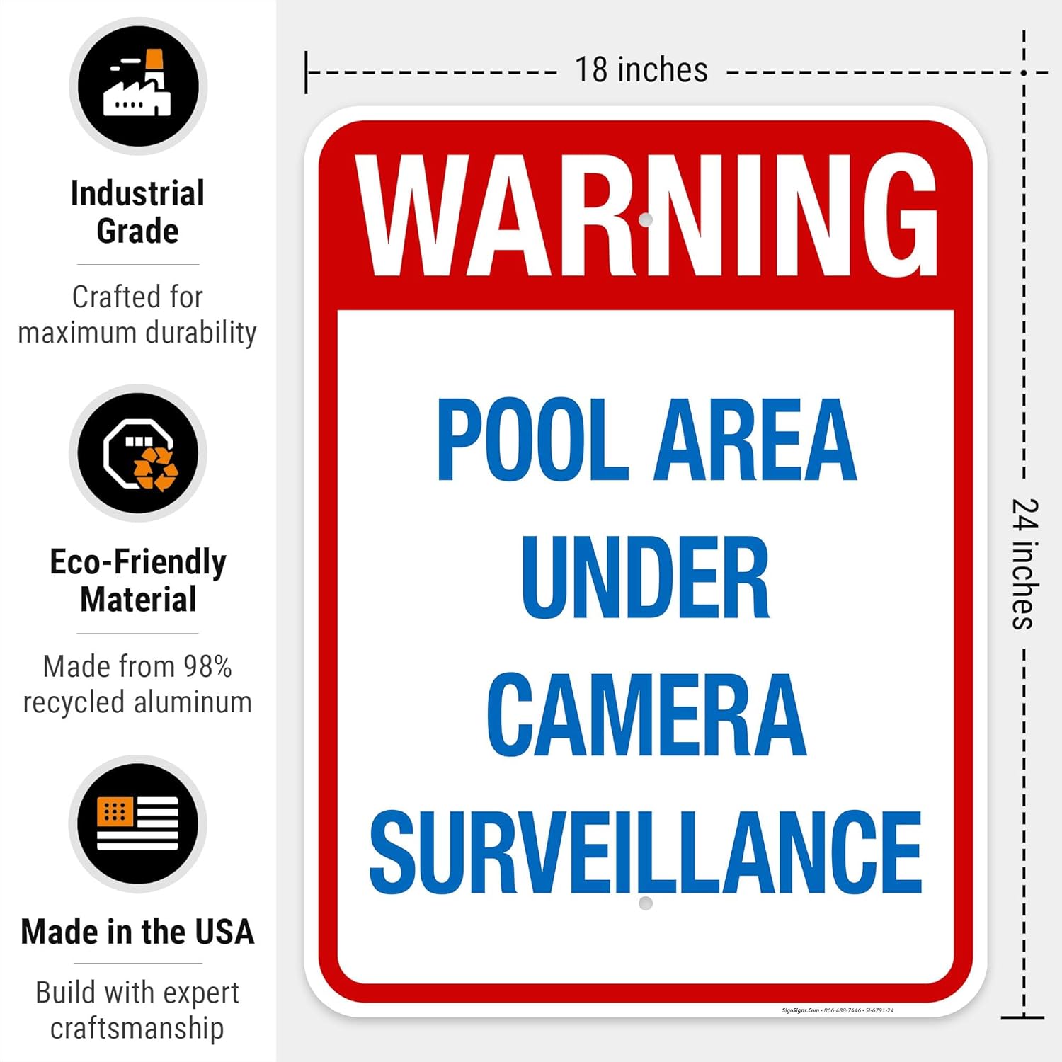 Pool Area Under Camera Surveillance Sign, Pool Sign, 18x24 Inches, Rust Free .063 Aluminum, Fade Resistant, Indoor/Outdoor Use, Made in USA