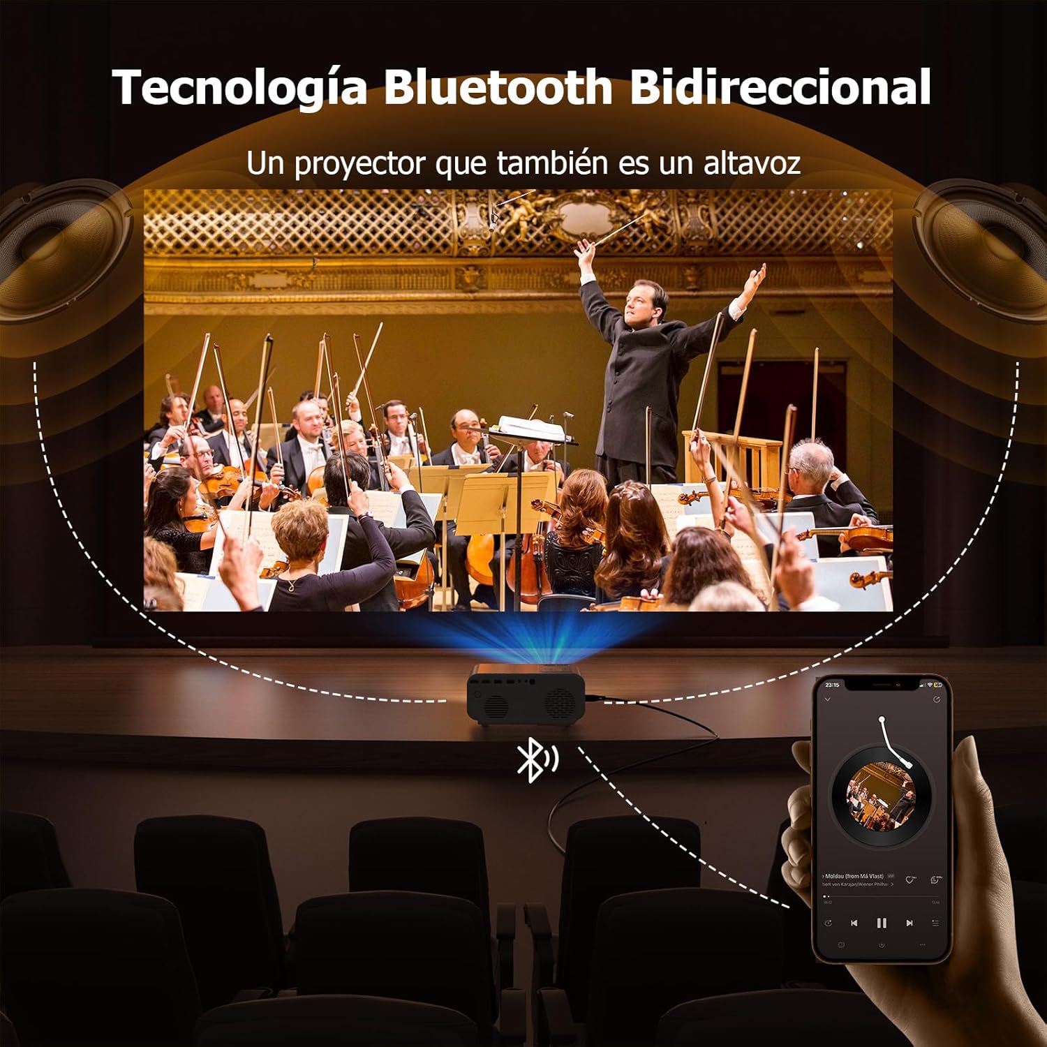 Projector used as a Bluetooth speaker in a concert setting