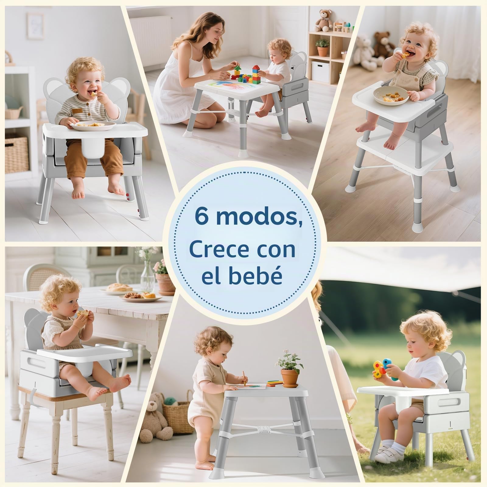 COOSEYA Trona Bebé 6 en 1 Convertible y Plegable, Silla Alta para Bebés y Niños, Trona Evolutiva con Bandeja Desmontable, Arnés de 5 Puntos y Cojín, Silla de Alimentación Portátil (Gris, 6 M - 36M)