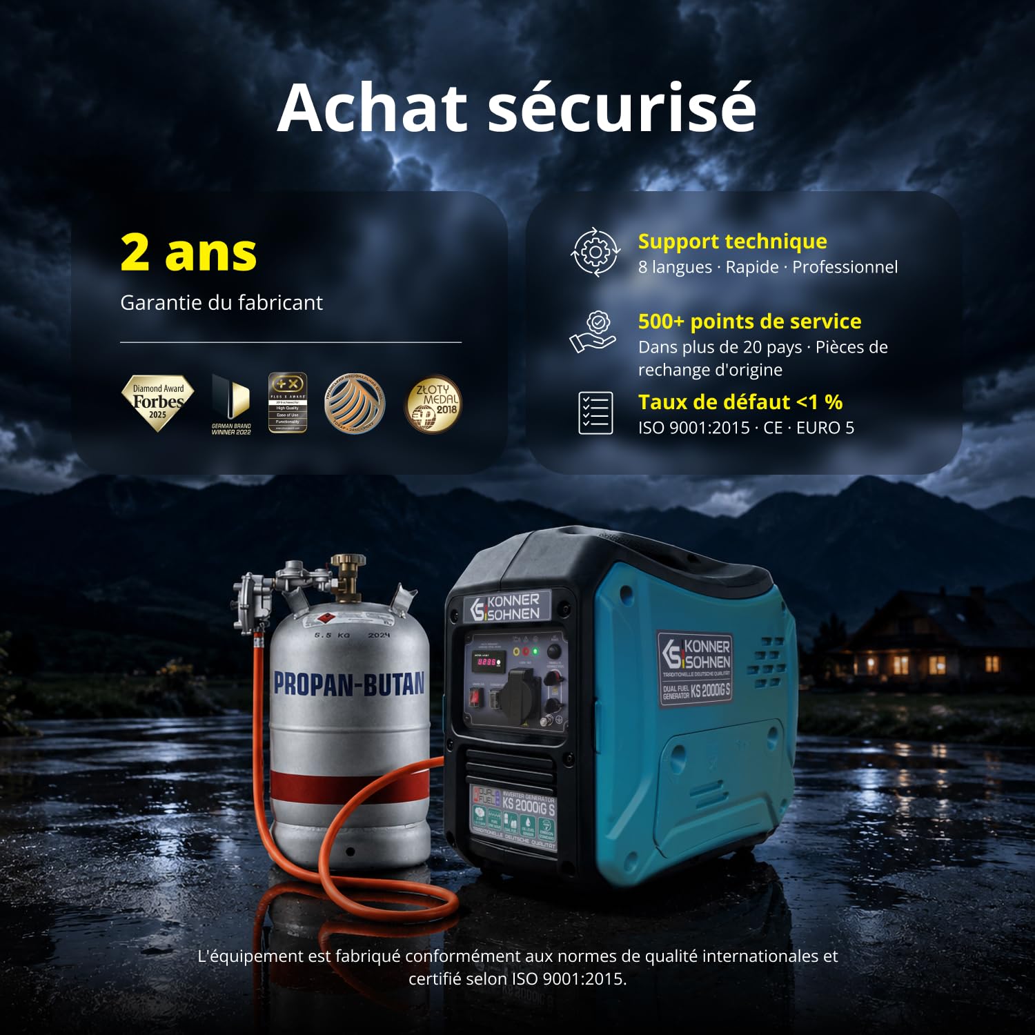 Générateur inverter à gaz/essence Könner & Söhnen KS 2000iG S, boîtier insonorisé, 2000 W, une prise 1x16A (230V), 2 ports USB, affichage LED, Economie mode, enroulement en cuivre, EURO V, onduleur