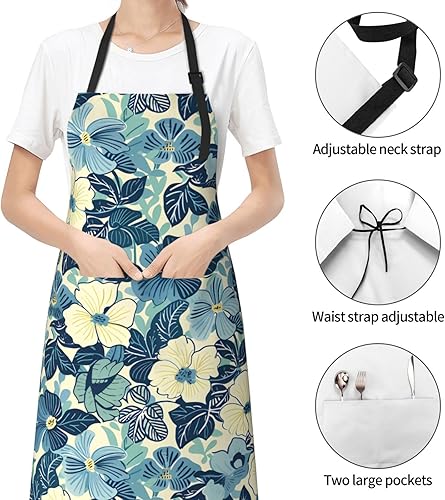 Miniatura 4 de Delantales Flower Blue Home 2 bolsillos de 33 x 28 pulgadas para hombres y mujeres, delantal impermeable floral gris para manualidades, restaurante,