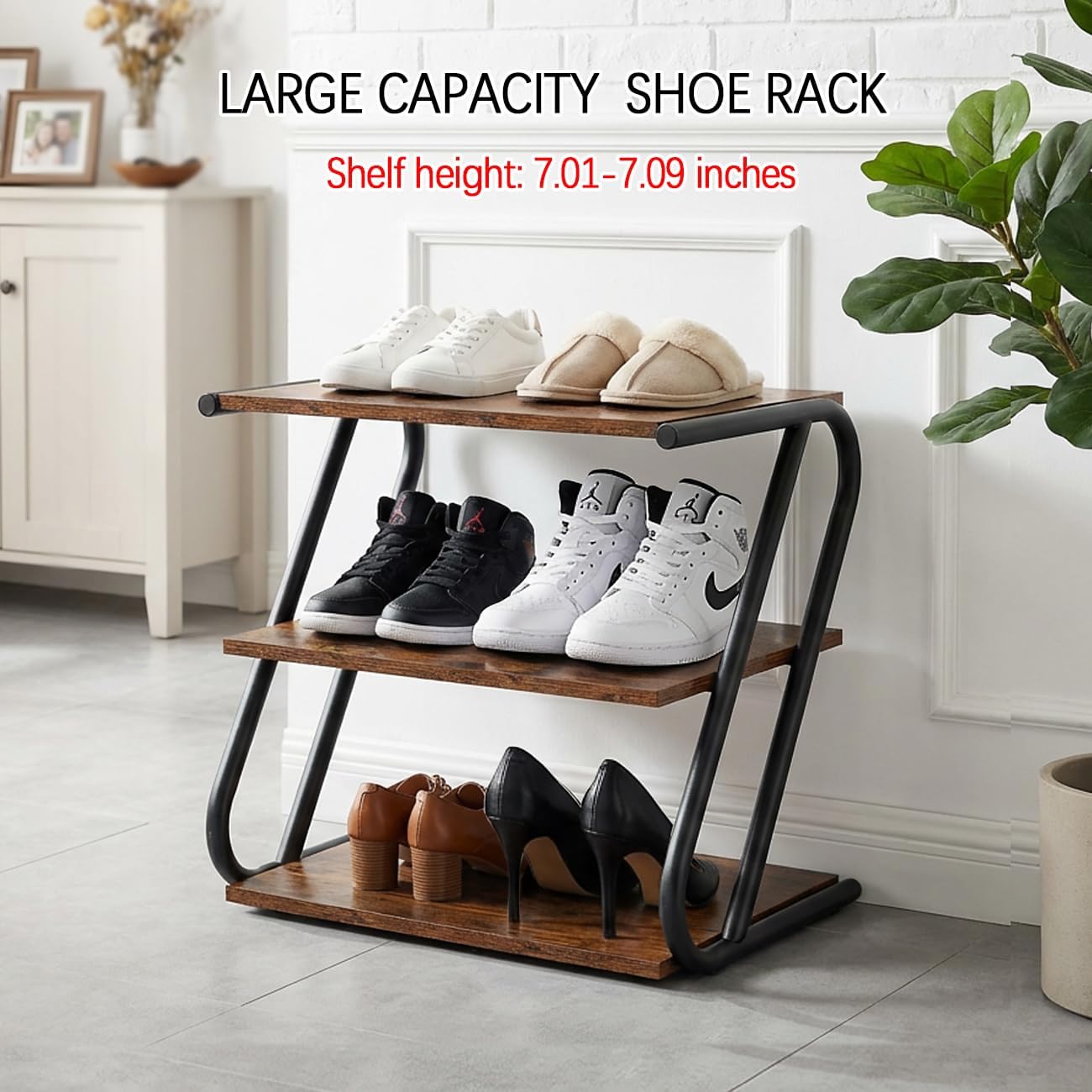3-Tier Shoe Rack, Rustic Wood Look Shoe Organizer with Metal Frame, Space-Saving for Entryway, Hallway, Bedroom (17.32" L x 11.93" W x 15.75" H)