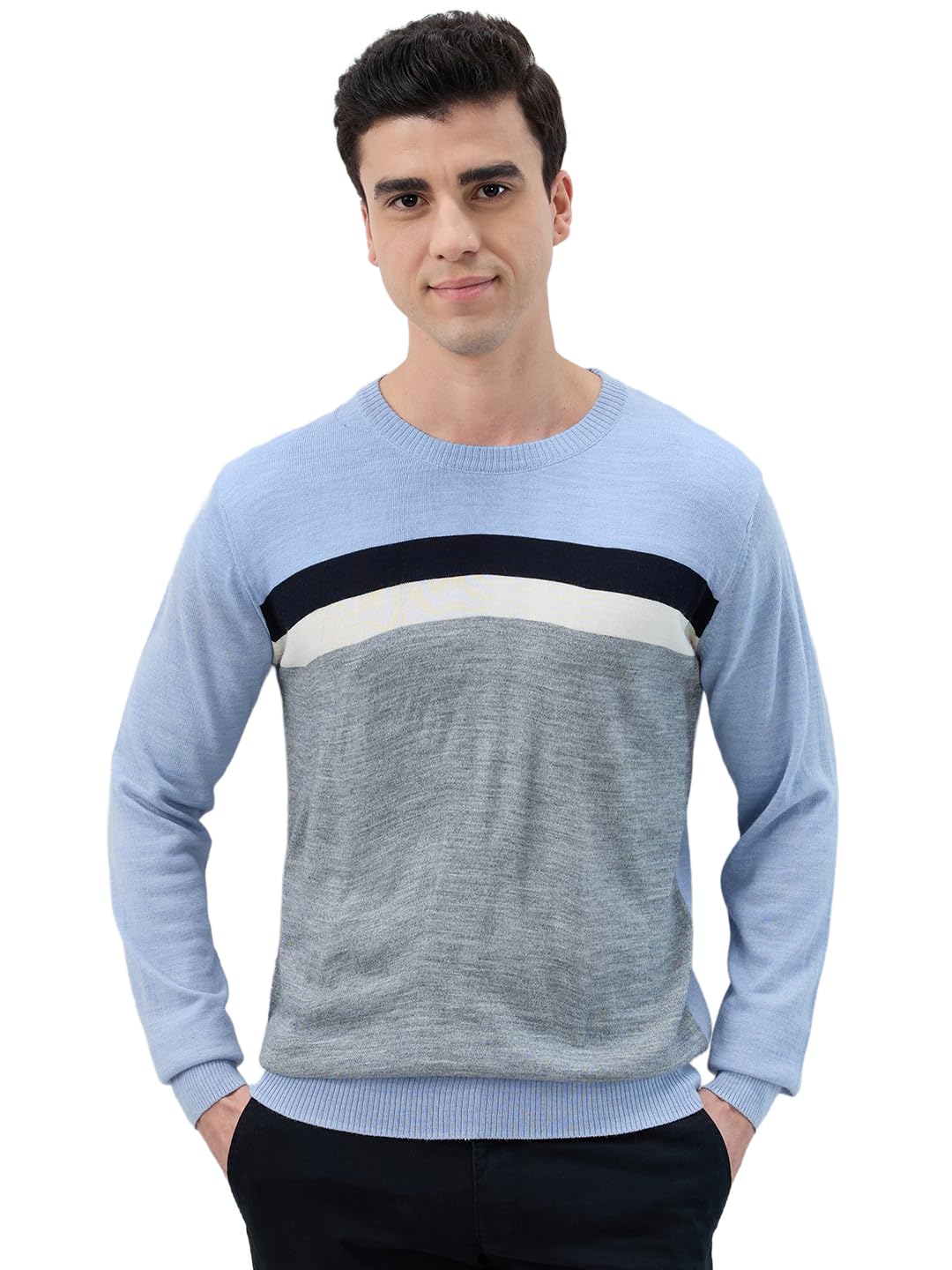 raymond Men Regular Fit Stripe Pattern Acrylic Wool Blend Full Sleeve Round Neck Casual Sweater Blue-picture-37