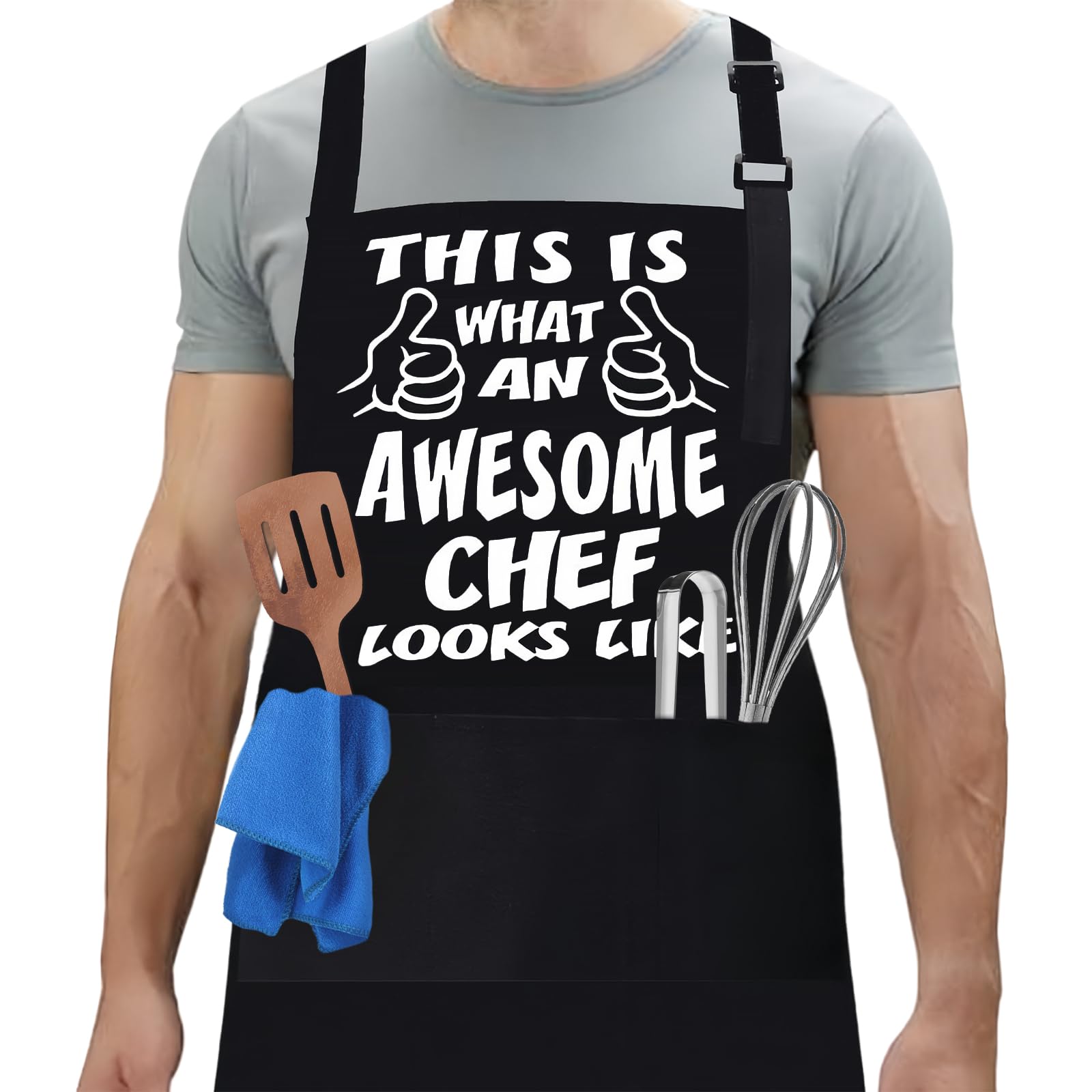 flintronic Delantales de Barbacoa para Hombre, Delantales de Cocina con Correa para el Cuello Ajustable, Impermeable Chef Delantal con 3 Bolsillos, Delantal de Trabajo Práctico para Cocina, Jardinero