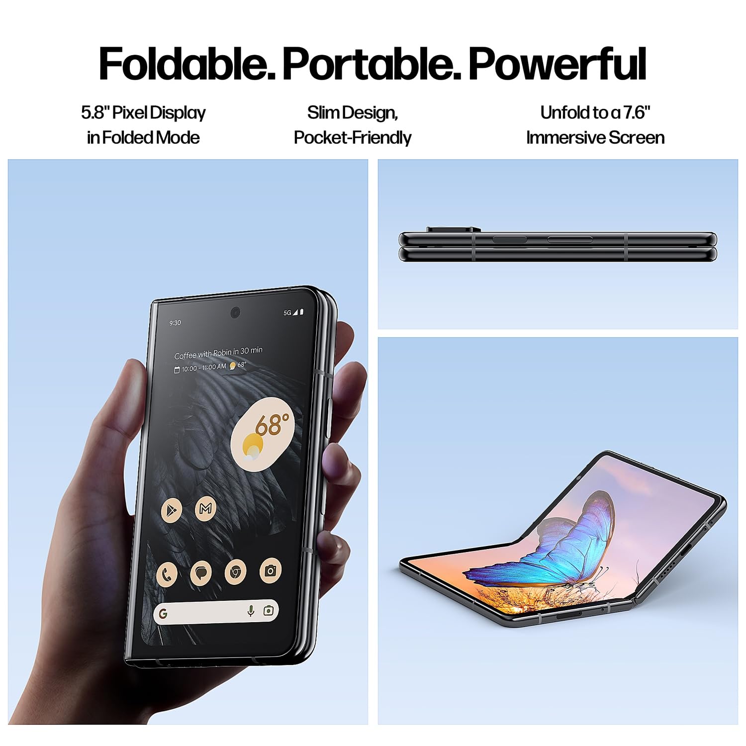 Google Pixel Fold Phone - Unlocked Android 5G Smartphones with 7.6" OLED Display, 256GB Storage, 12GB RAM, Triple Camera, Foldable Split-Screen Design, 24Hr Battery, Wireless Charging Bundle, Obsidian