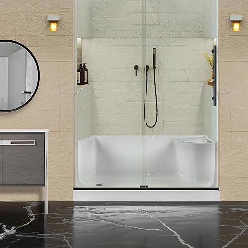 Miniatura 2 de Fine Fixtures Base de ducha acrílica de un solo umbral con asiento, superficie texturizada antideslizante, 60 x 32 pulgadas, asiento para mano