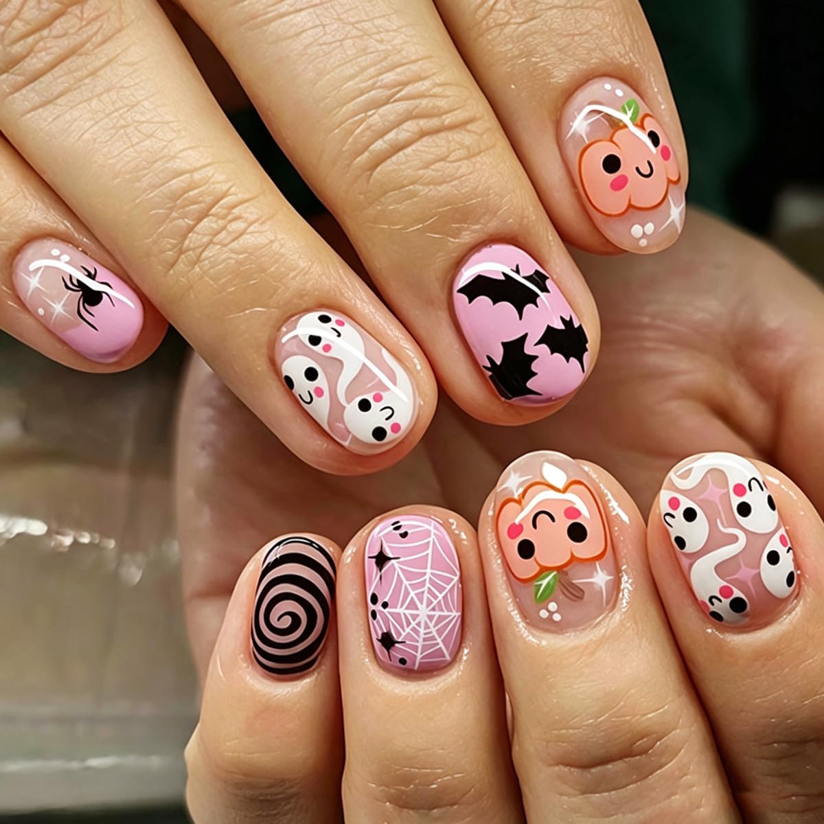 Halloween Press on Nails for Women, Short Square Black Purple Fake Nails